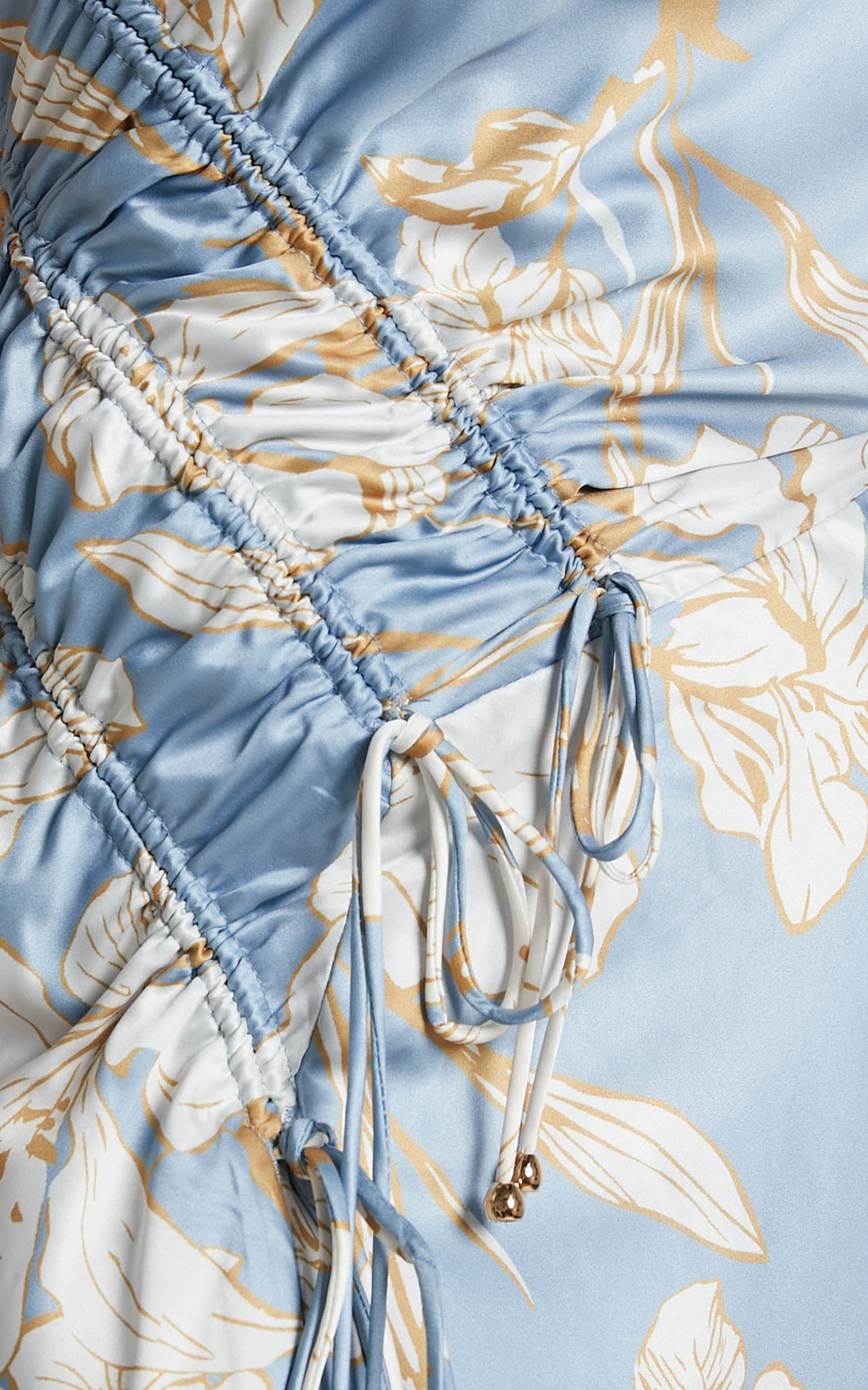 Surene Midi Dress - One Shoulder Side Ruched Split Satin Dress in Blue Floral