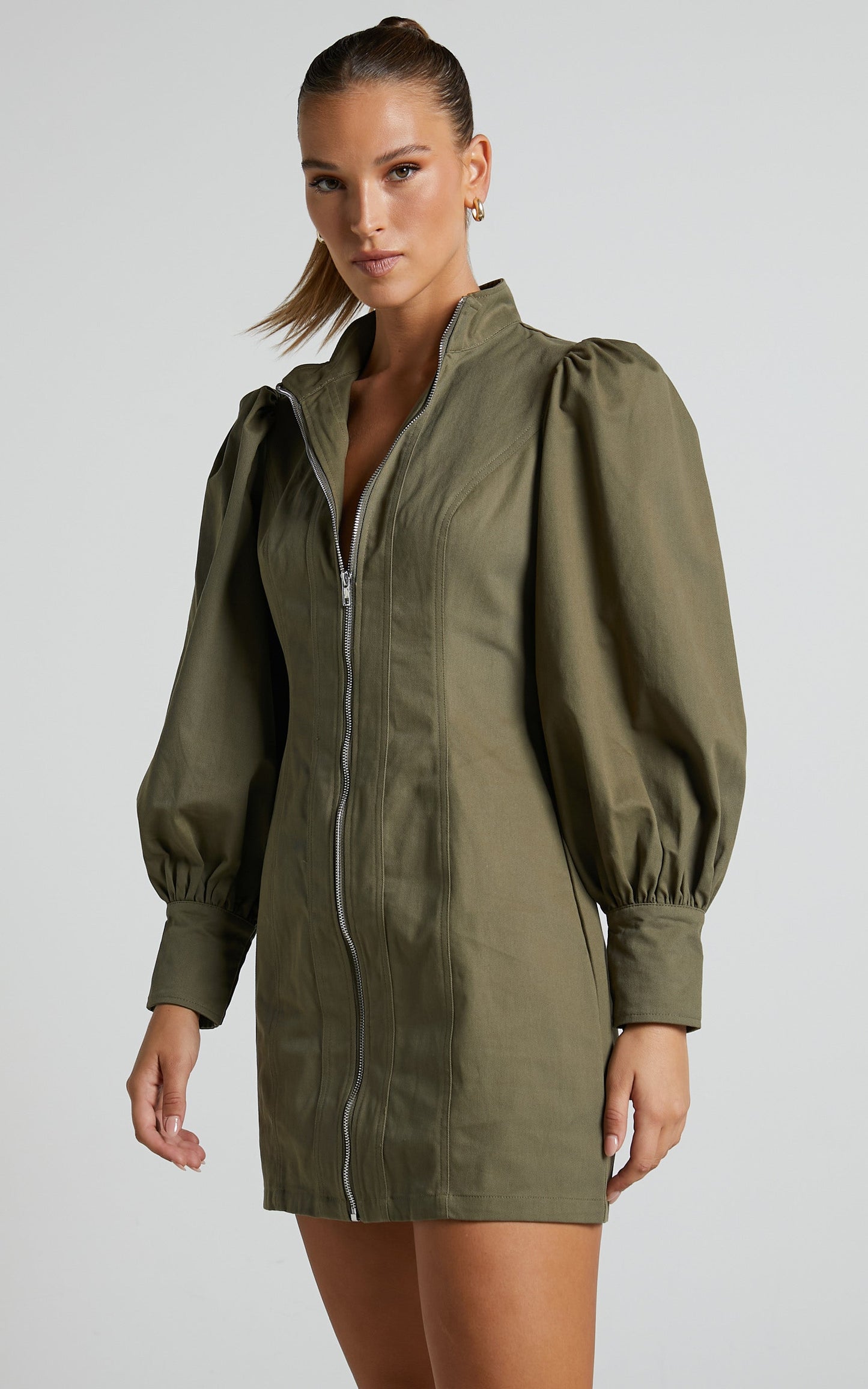 Tallis Mini Dress - Sleeve Zip Front Dress in Khaki