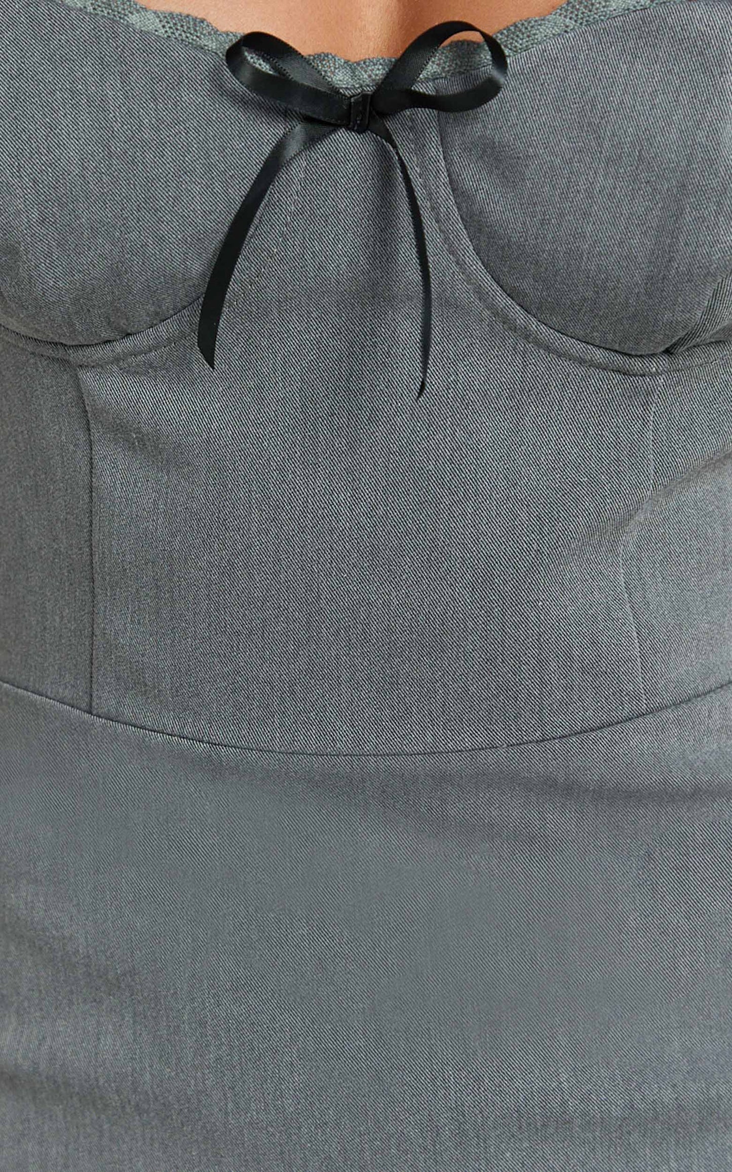 Tara Mini Dress - Lace Trim Sweetheart Neck Fitted Dress in Grey