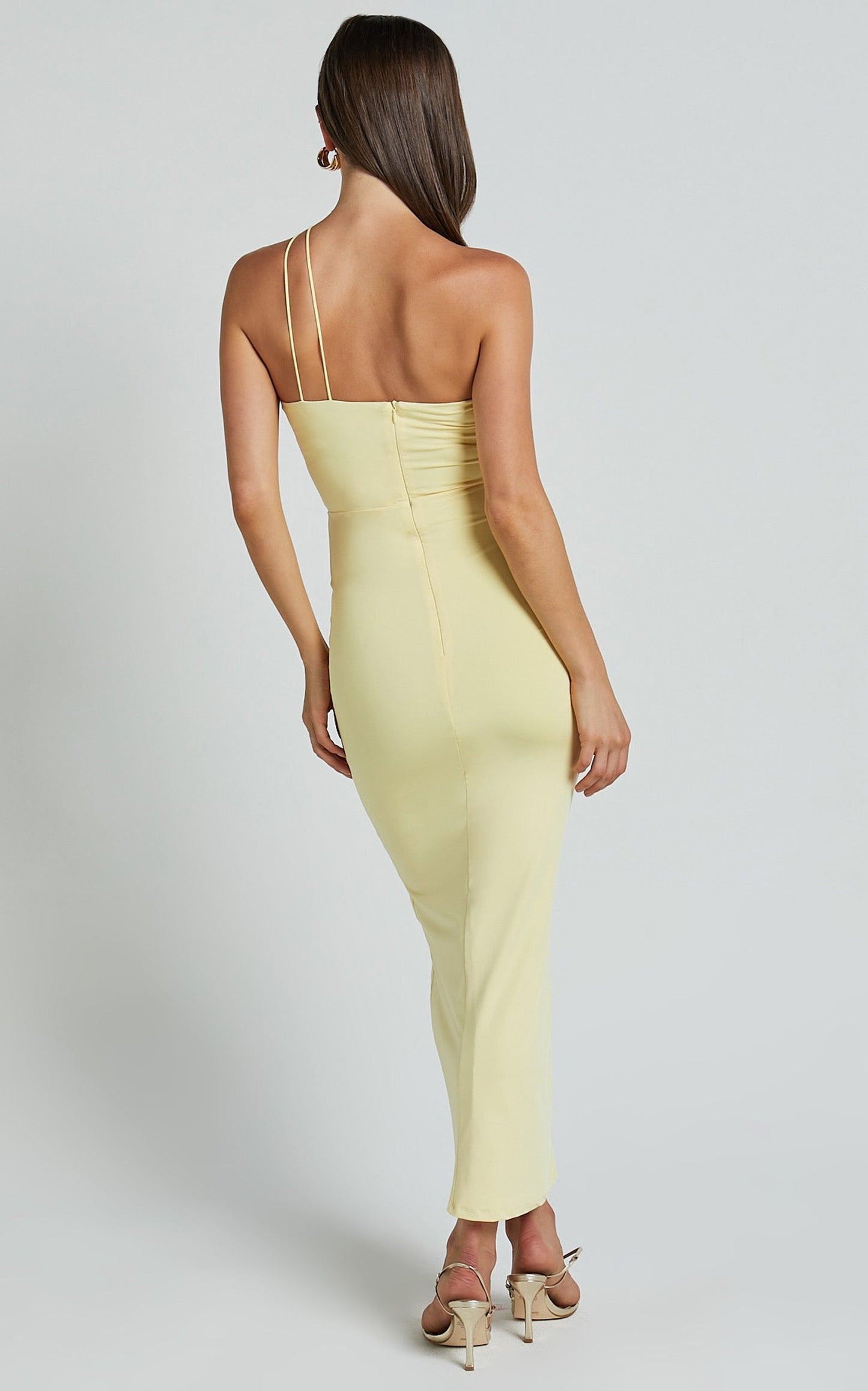 Teagan Midi Dress - Bodycon Ruched Asymmetric Strap Rosette Dress in Lemon
