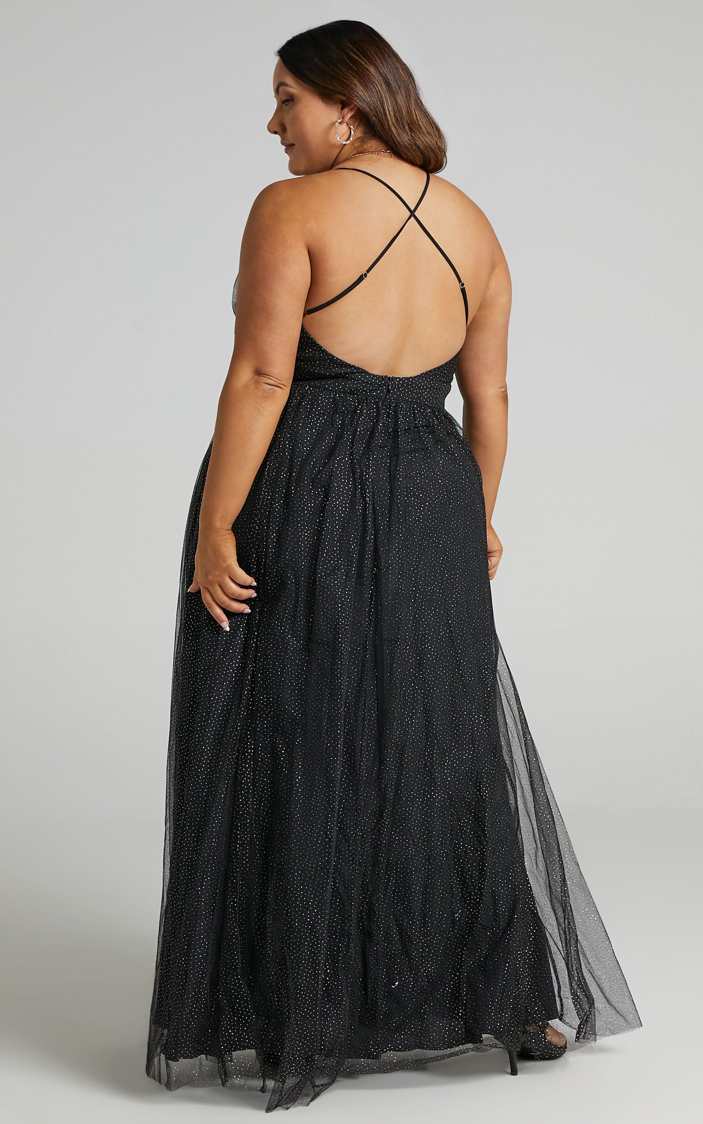 Tell Me Lies Midi Dress - Plunge Cross Back Dress in Black Spot Tulle