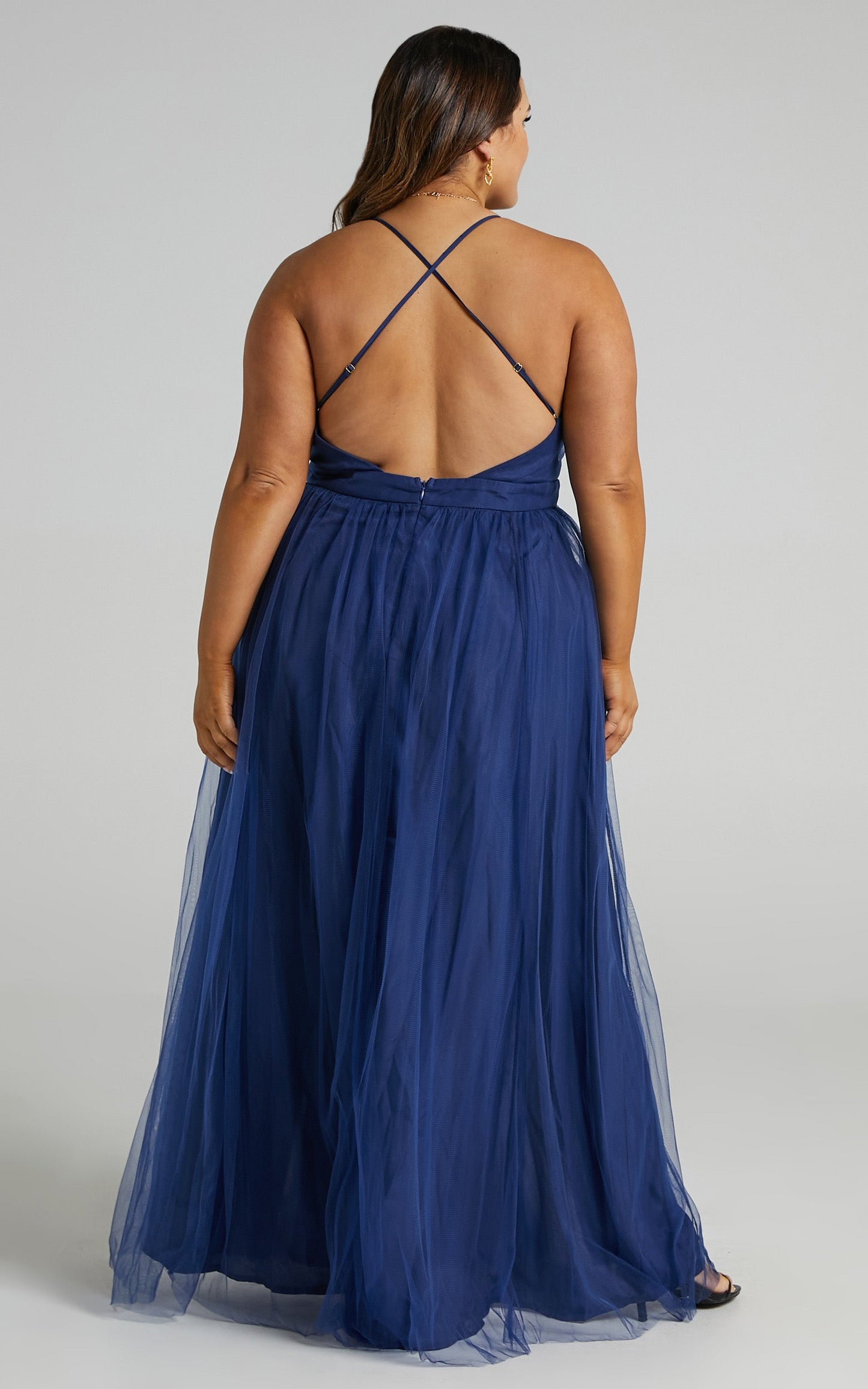 Tell Me Lies Midi Dress - Plunge Cross Back Dress in Navy Tulle