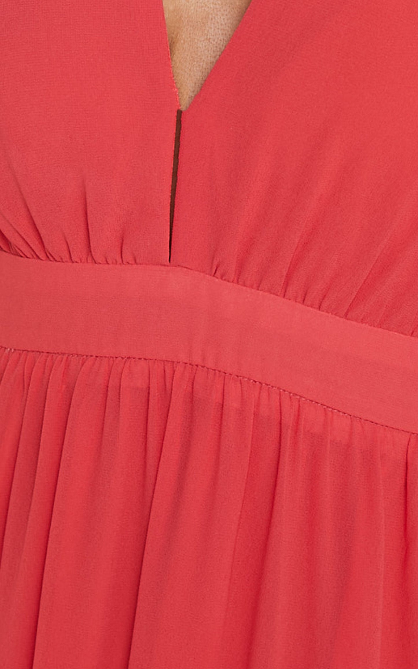 Teri Midi Dress - Tie Shoulder Plunge Tiered Dress in Coral