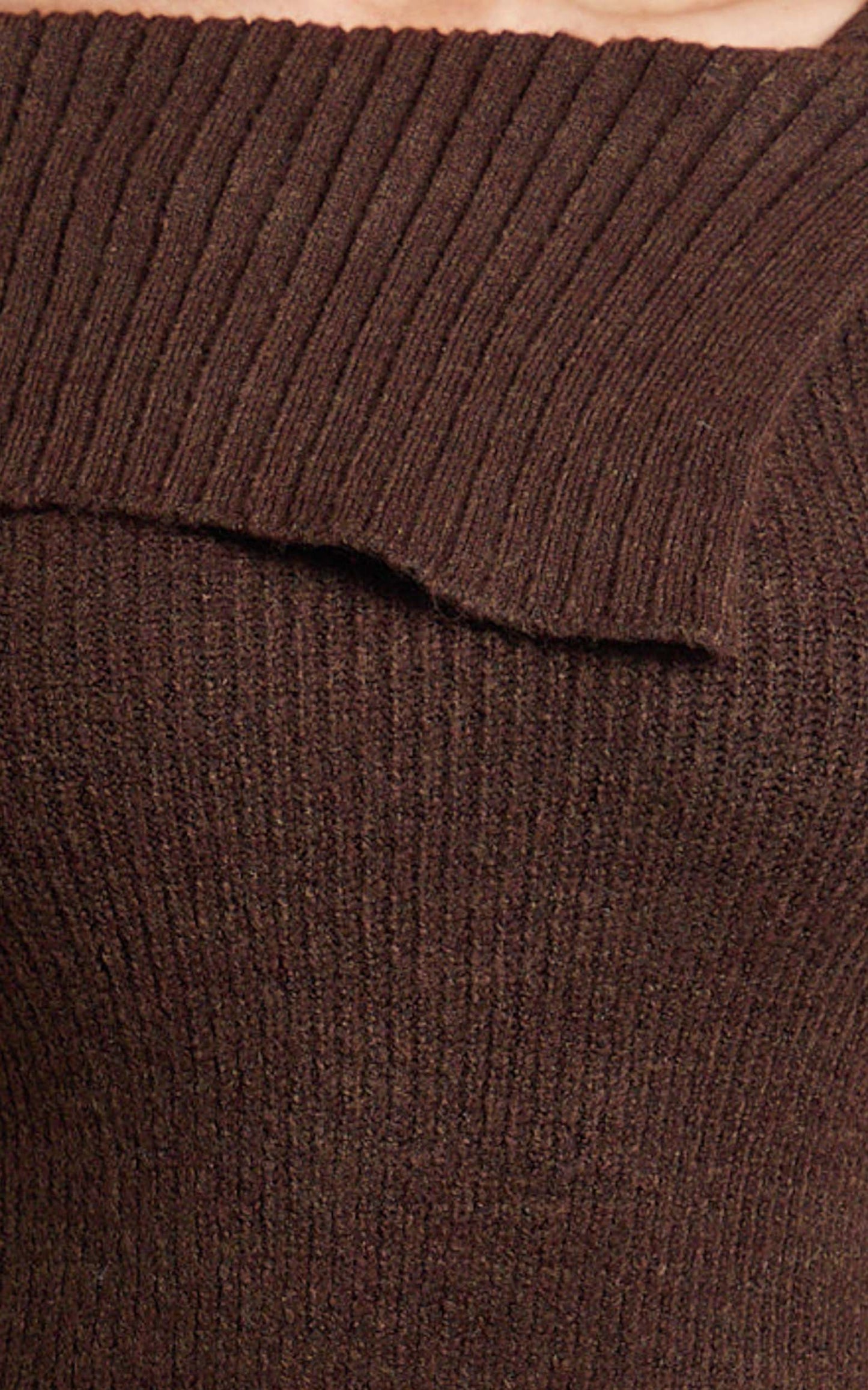 Tess Mini Dress - Asymmetric Off Shoulder Long Sleeve Knit Dress in Chocolate