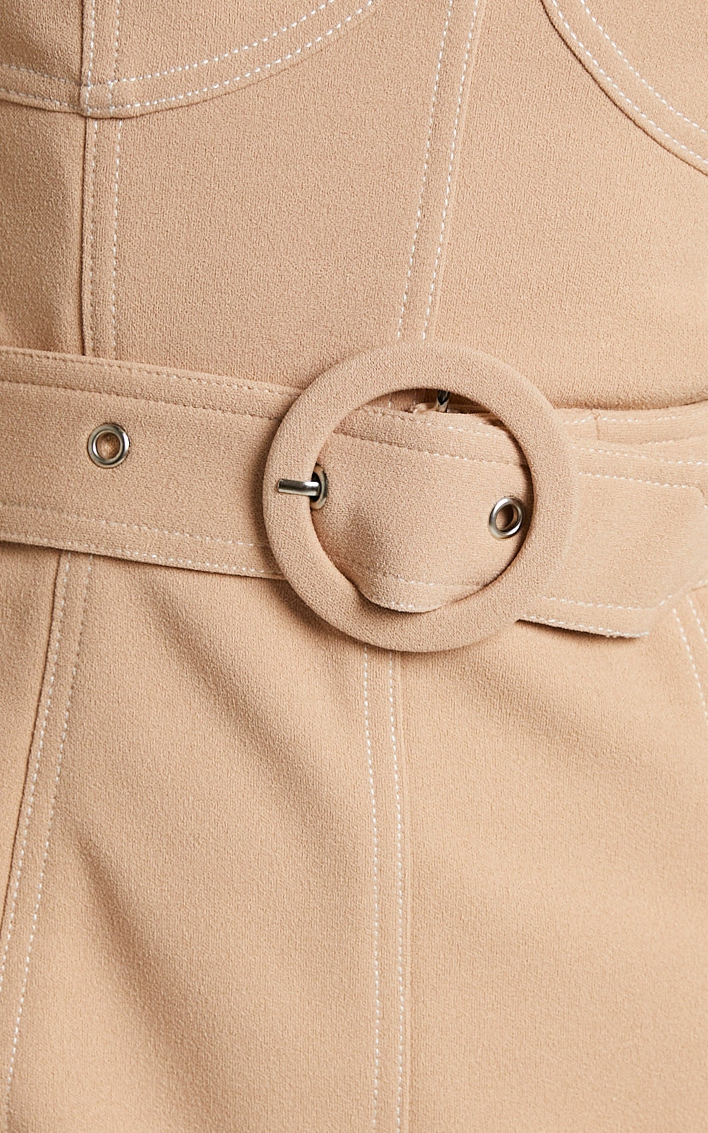 Theone Self Belt Contrast Stitching Halter Dress in Beige