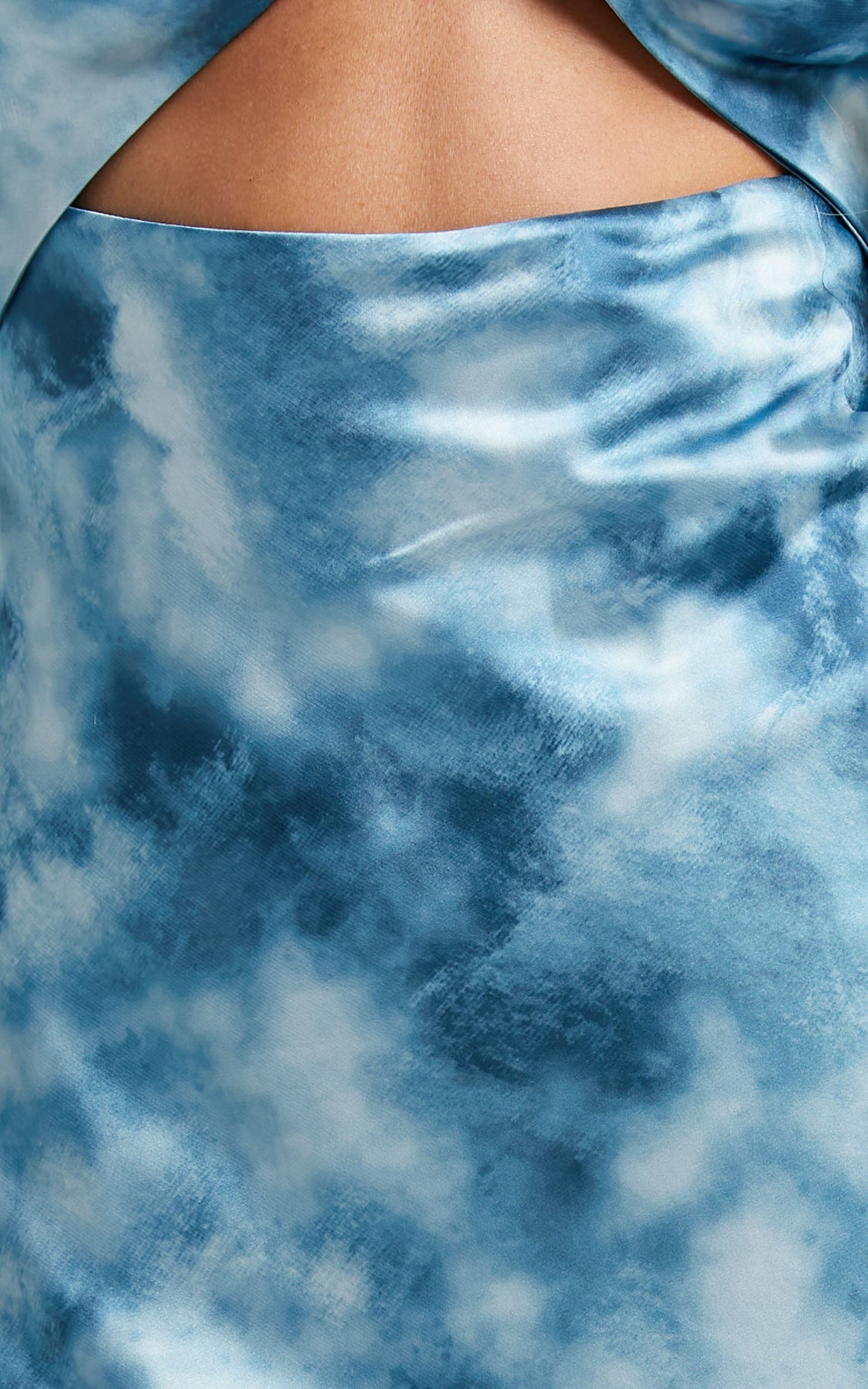 Tove Midi Dress - Twist Front Cut Out Satin Dress in Blue Tie Dye