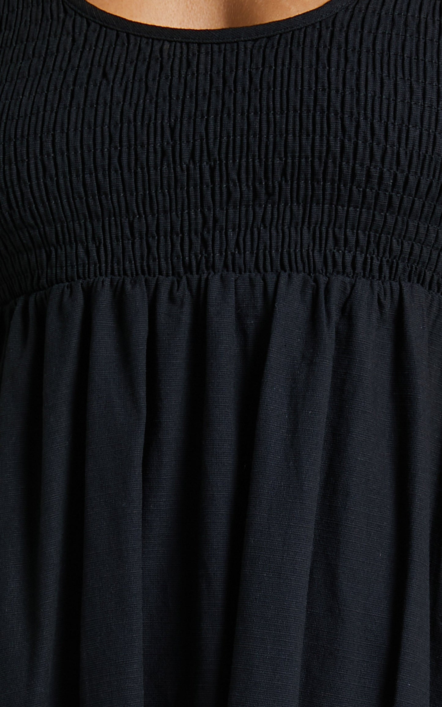Valena Mini Linen Blend Dress - Shirred Scoop Neck Longsleeve A Line Dress in Black