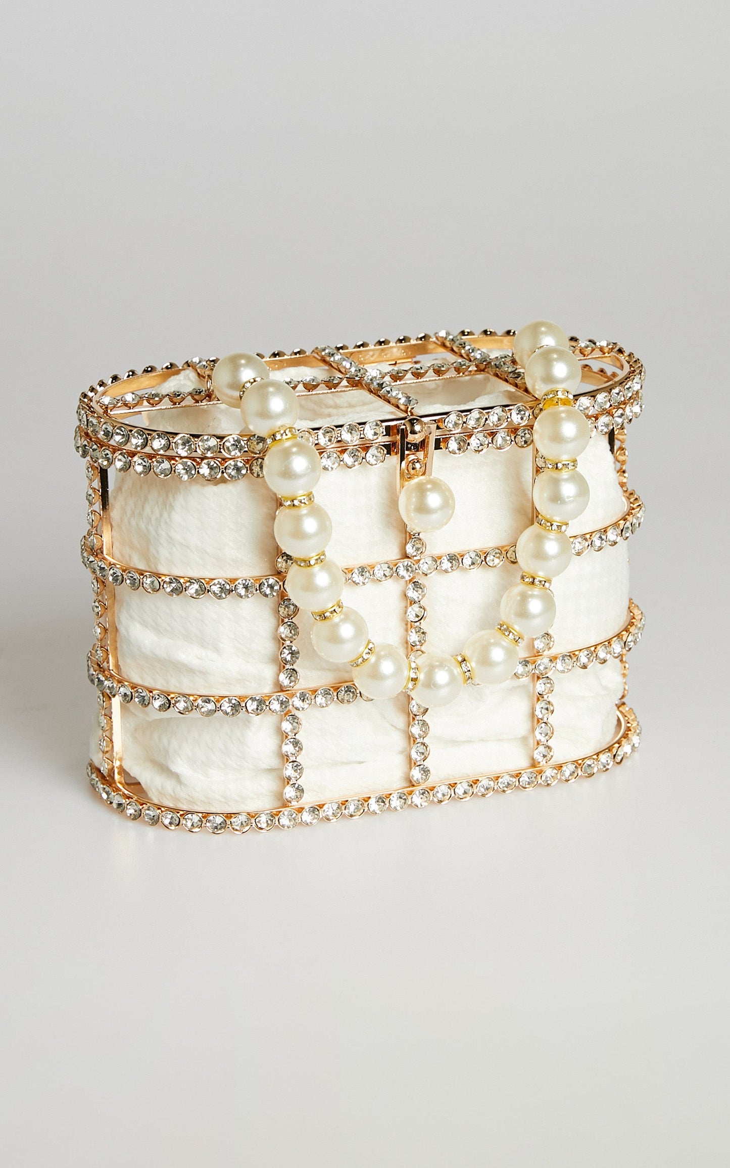 Vyomini Pearl Handle Gold Cage Clutch Bag in Pearl