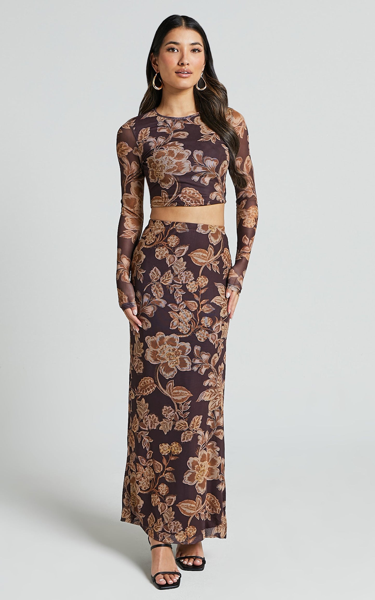 Willow Two Piece Set - Long Sleeve Top and Midi Skirt Mesh Set in Amber Bloom Print