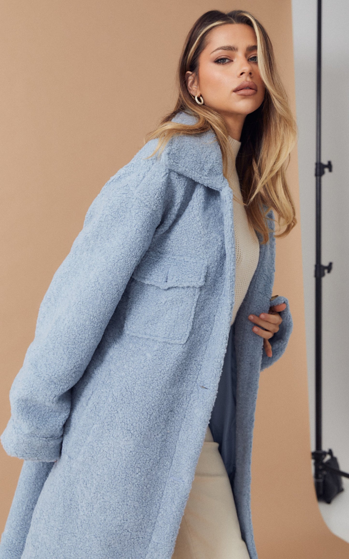 Yasmina Longline Teddy Shacket in Steel Blue