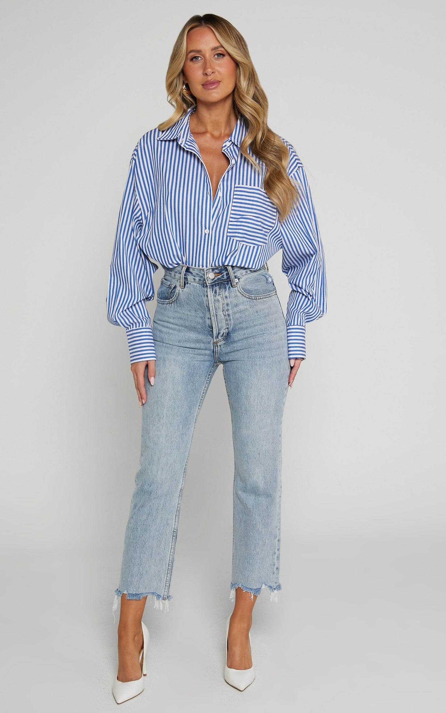 Zelrio Jeans - High Waisted Recycled Cotton Cropped Denim Jeans in Mid Blue Wash