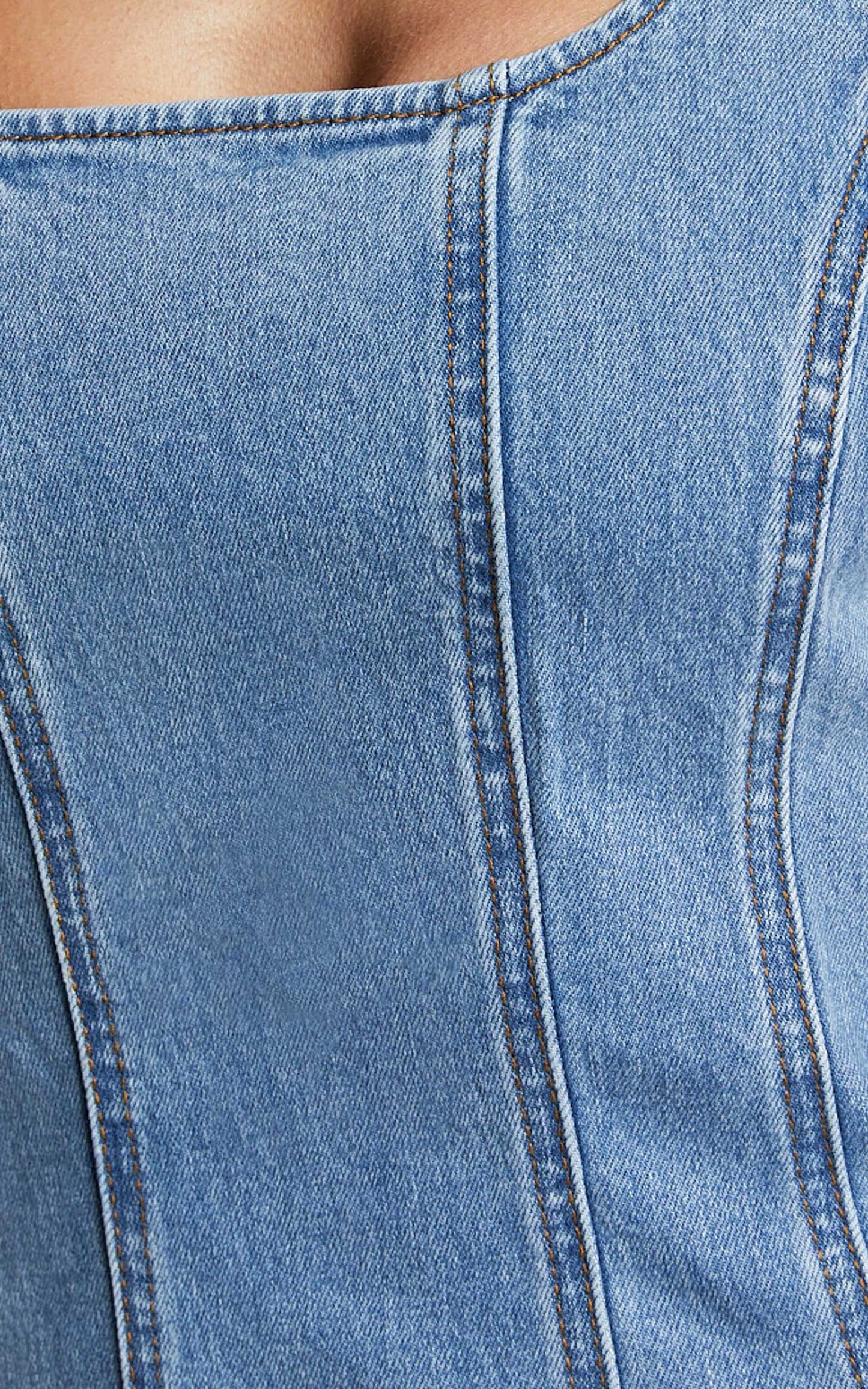 Zenith Midi Dress - Wide Strap Panel Detail Recycled Denim Dress in Mid Blue Wash