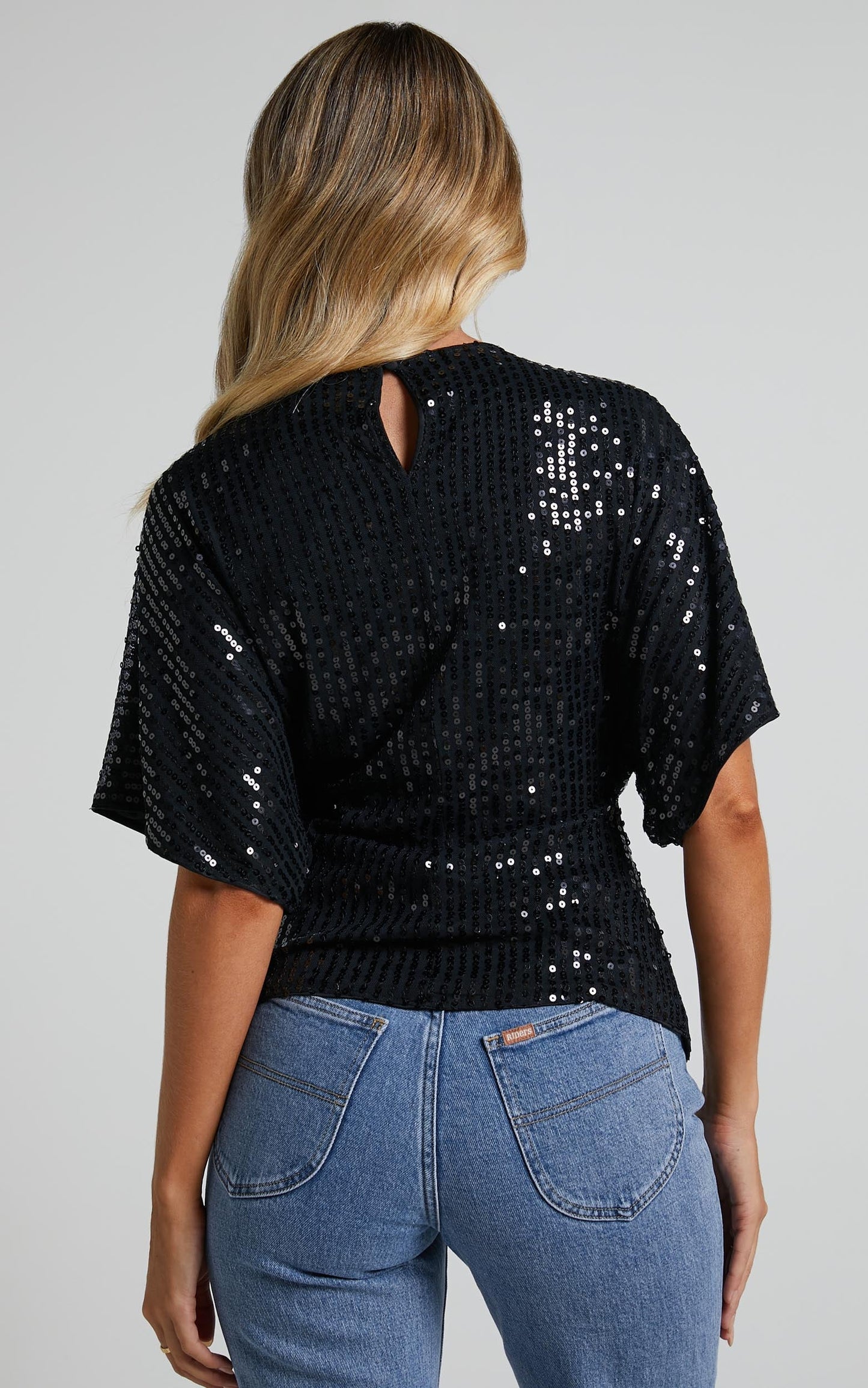 Zoey Batwing Top - Twist Sequin Batwing Top in Black