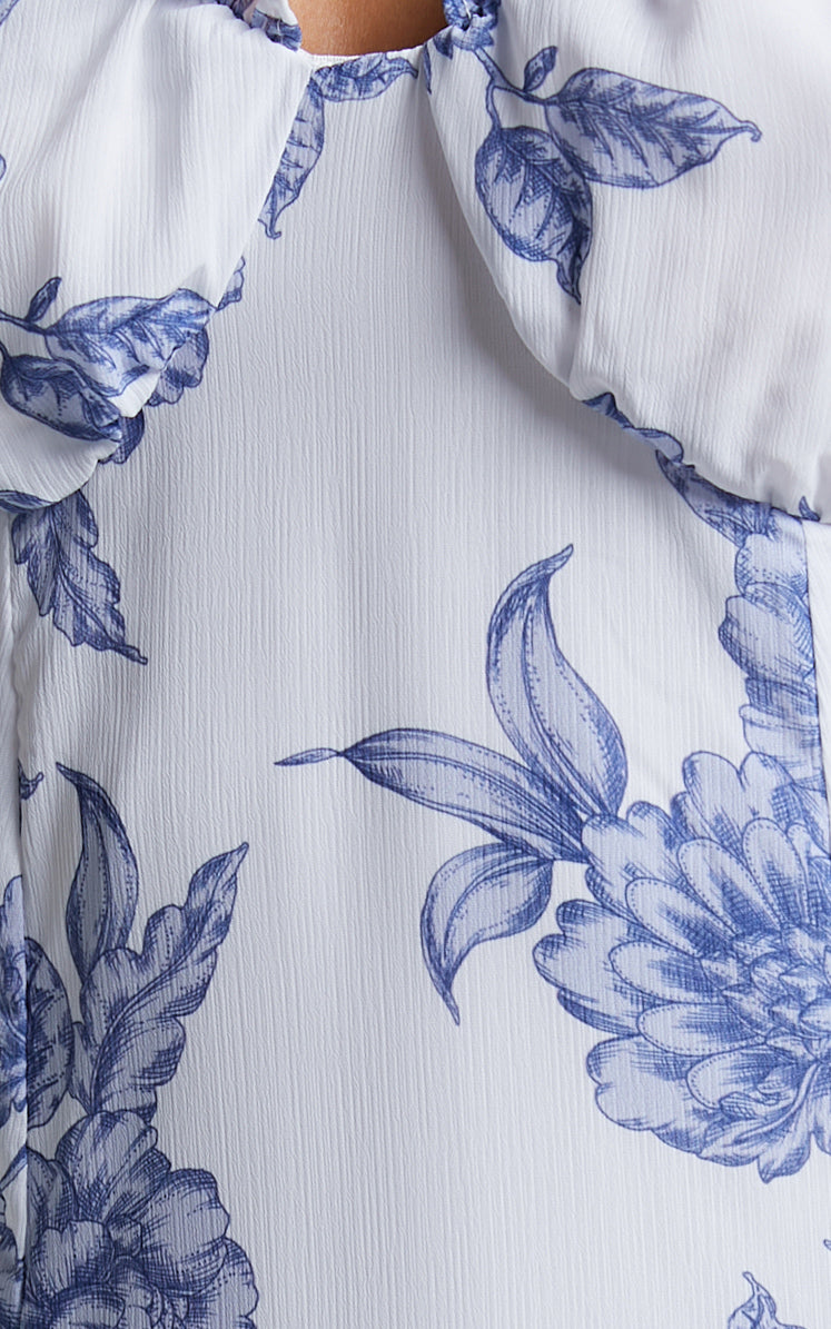 Zonya Midi Dress - Off Shoulder Thigh Split Dress in Blue Silhouette Floral