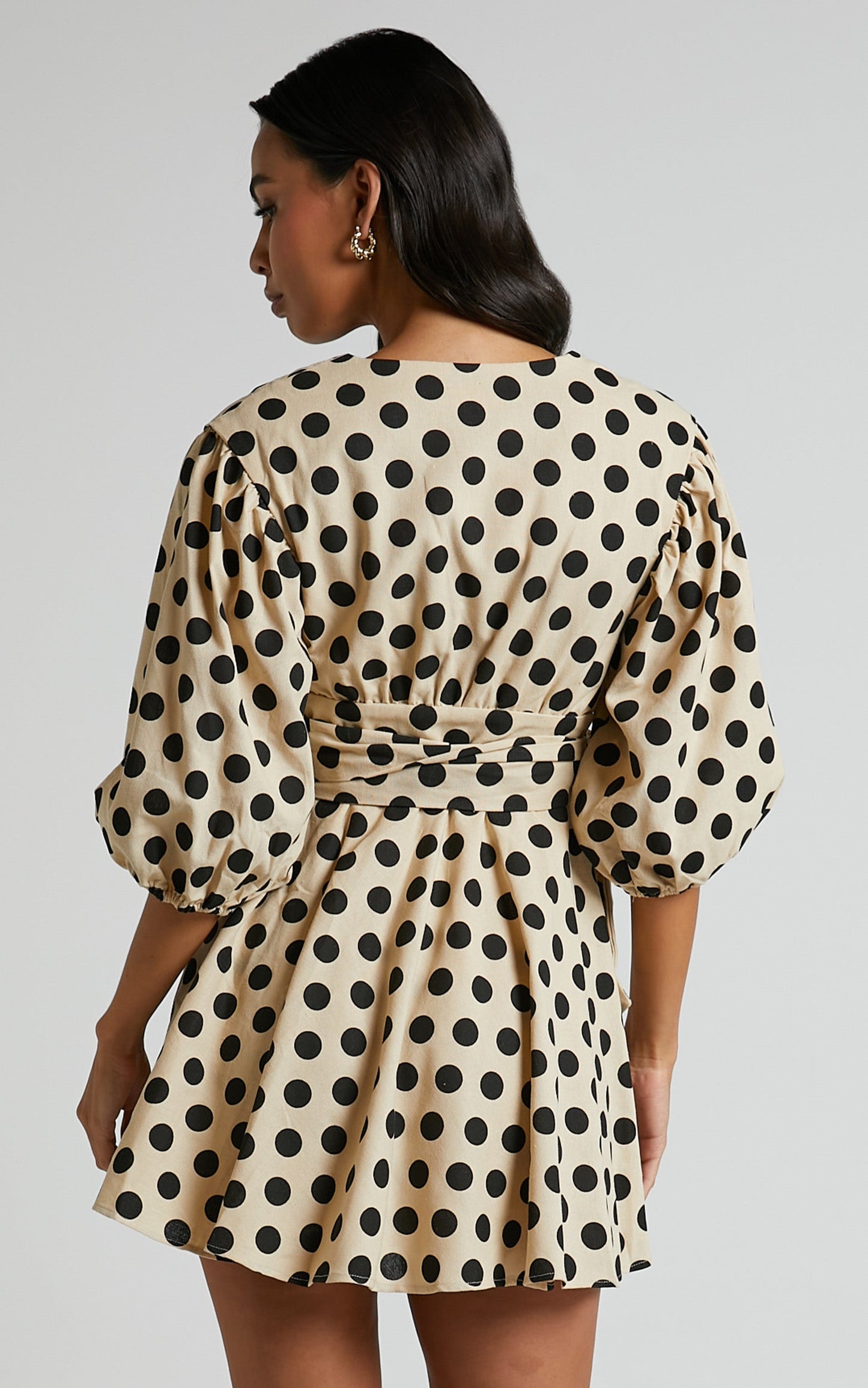 Zyann Mini Dress - Linen Puff Sleeve Wrap Dress in Biscuit Spot