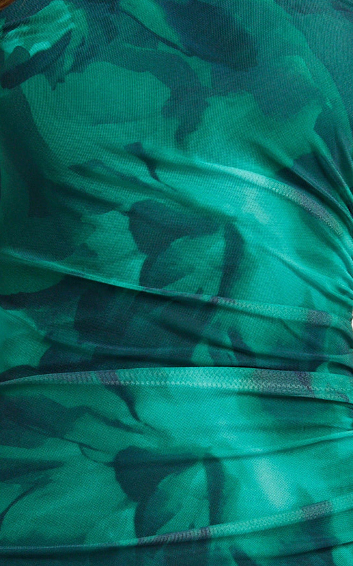 Zyra Midi Dress - High Neck Long Sleeve Mesh Dress in Green Blurred Print