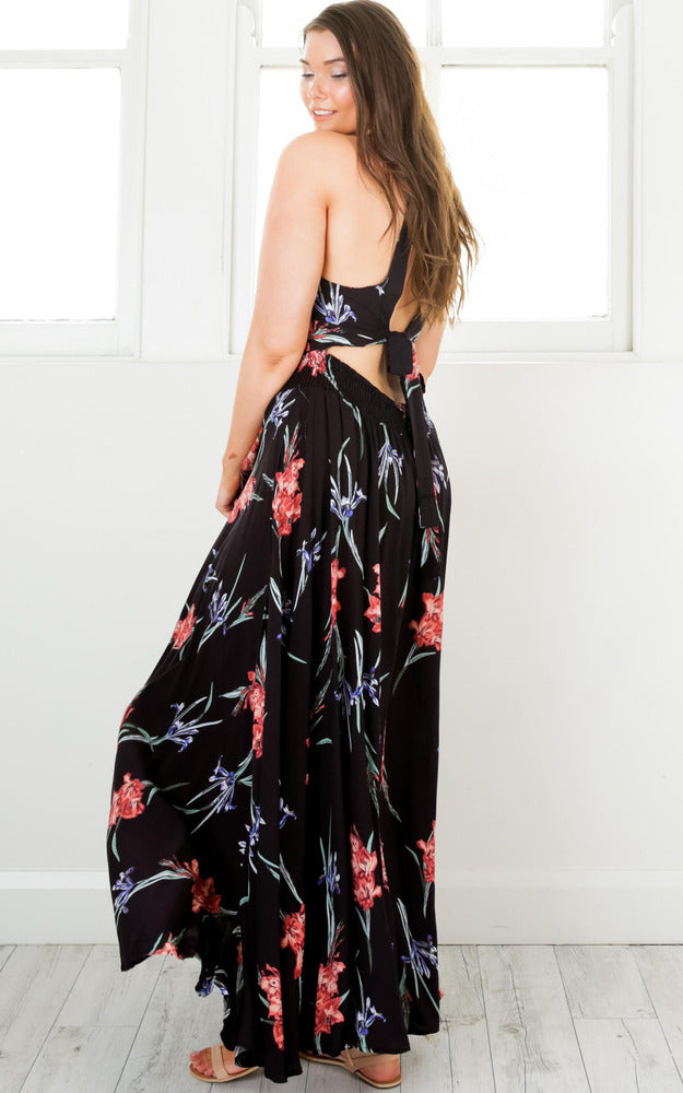 Run Alone Maxi Dress In Black Tropical Floral
