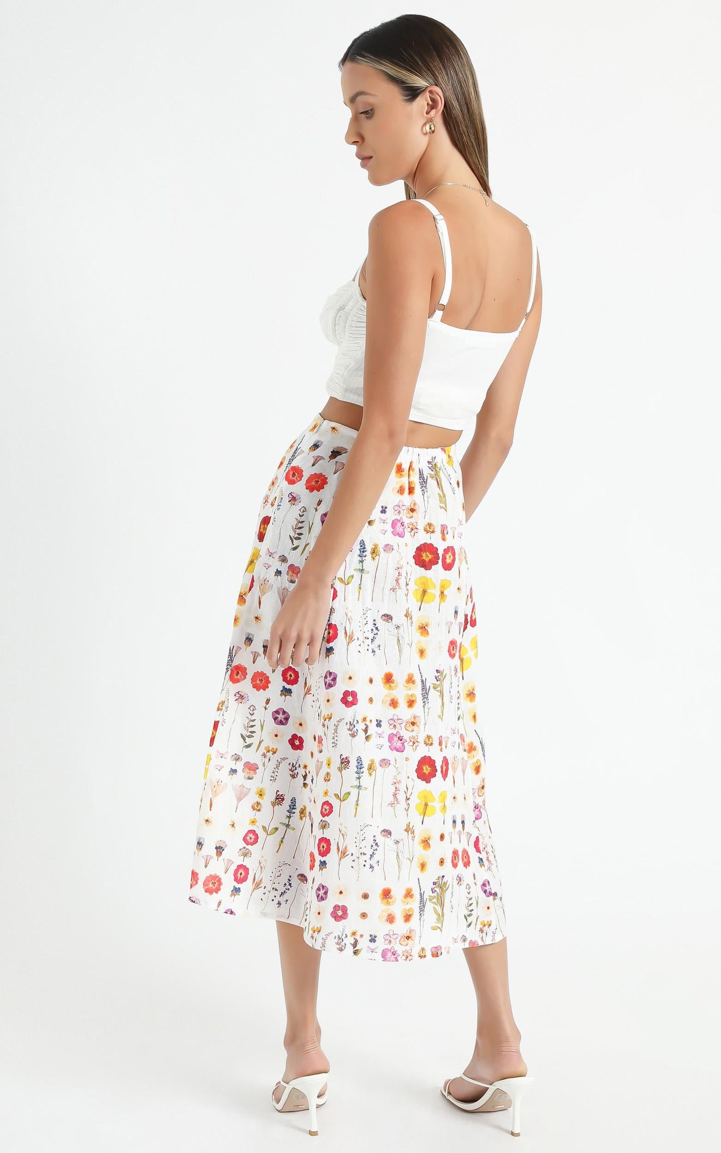 Cools Club - A Line Split Midi Skirt in Pressed Floral