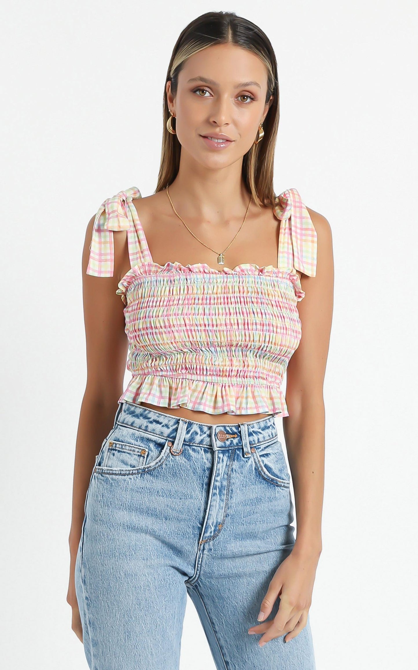 Aretha Top in Rainbow Check