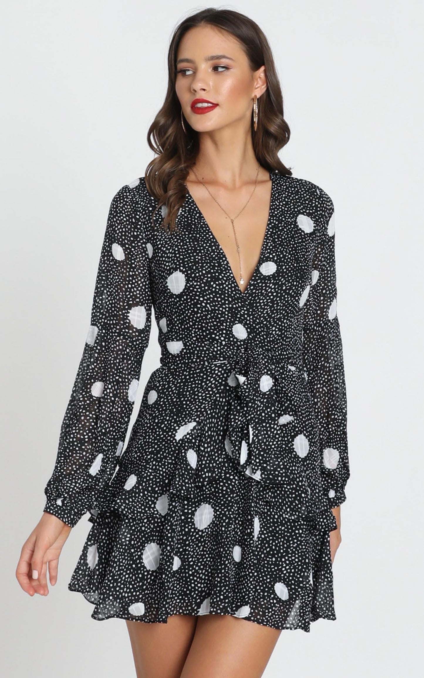 Aurelia V-Neck Mini Dress In Black Polka
