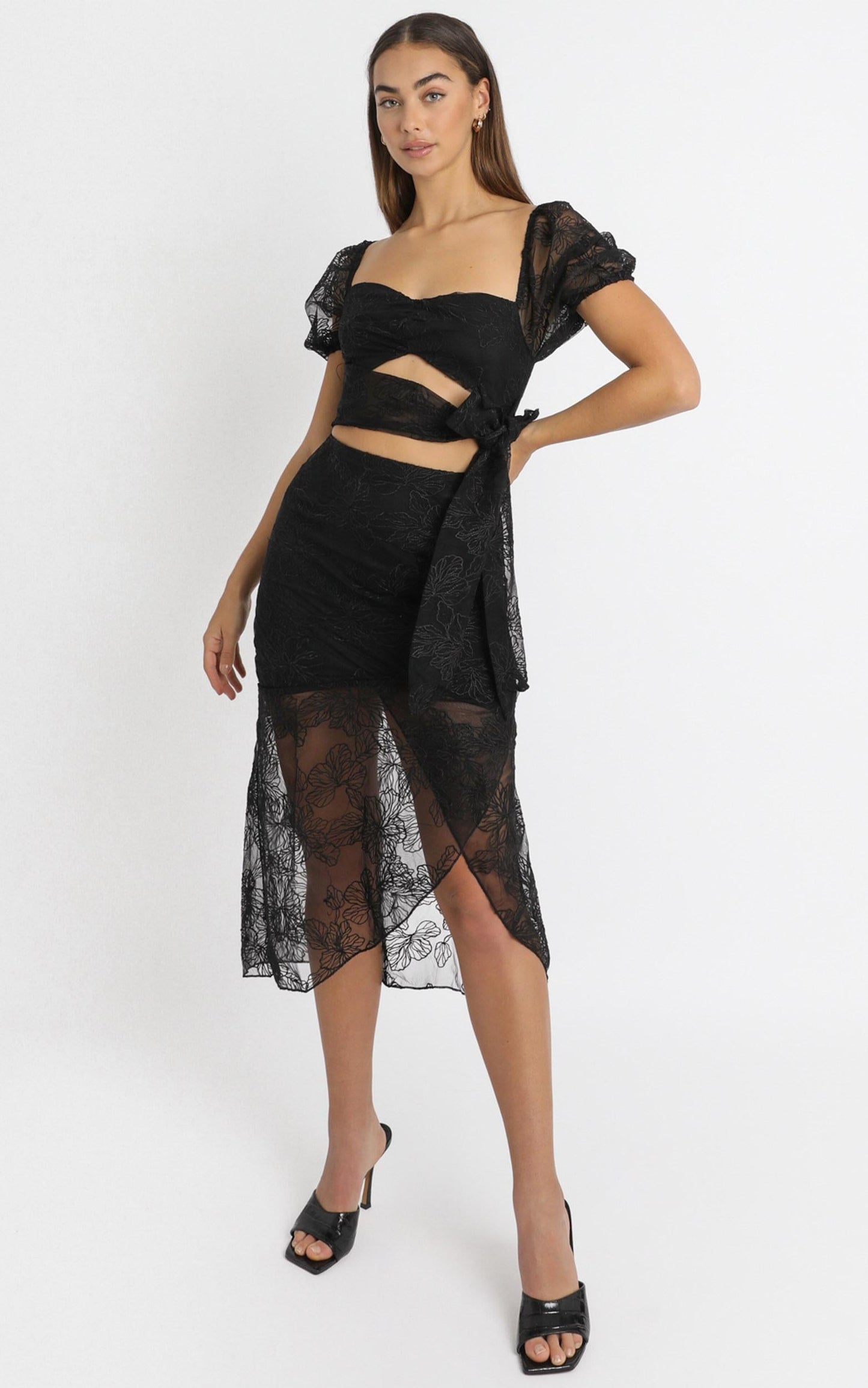 Kamilla Tie Front Midi Dress in black embroidery