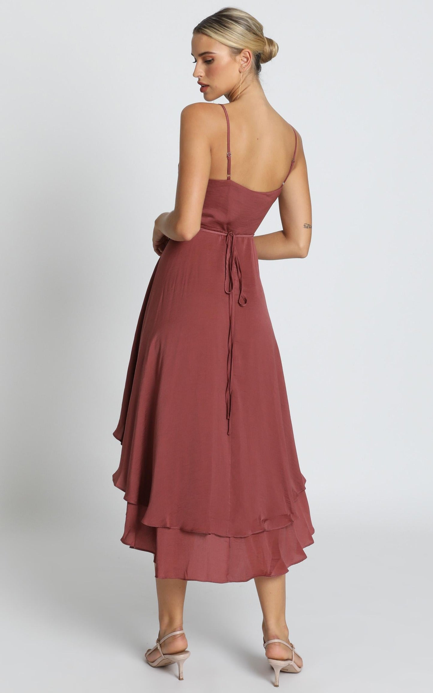 Between Fantasy Midi Dress in Dusty Rose Satin