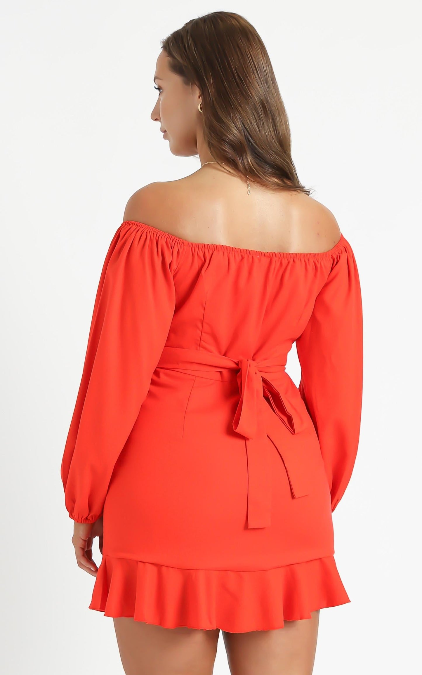 Cant Move On Off Shoulder Mini Dress in Tangerine Linen Look
