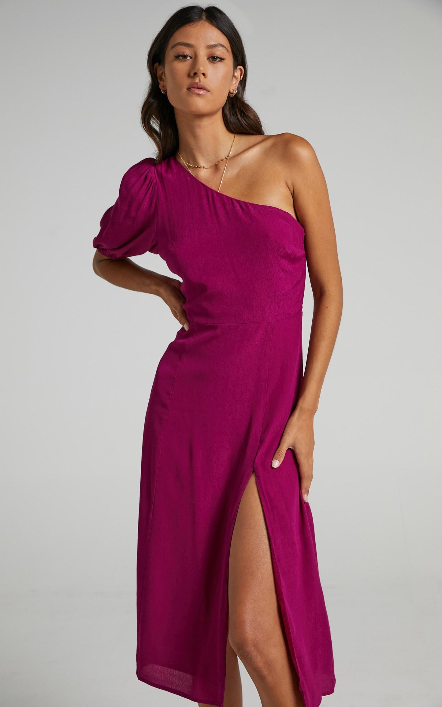 Tatiana Midi Dress - One Shoulder Thigh Split Dress in Mulberry