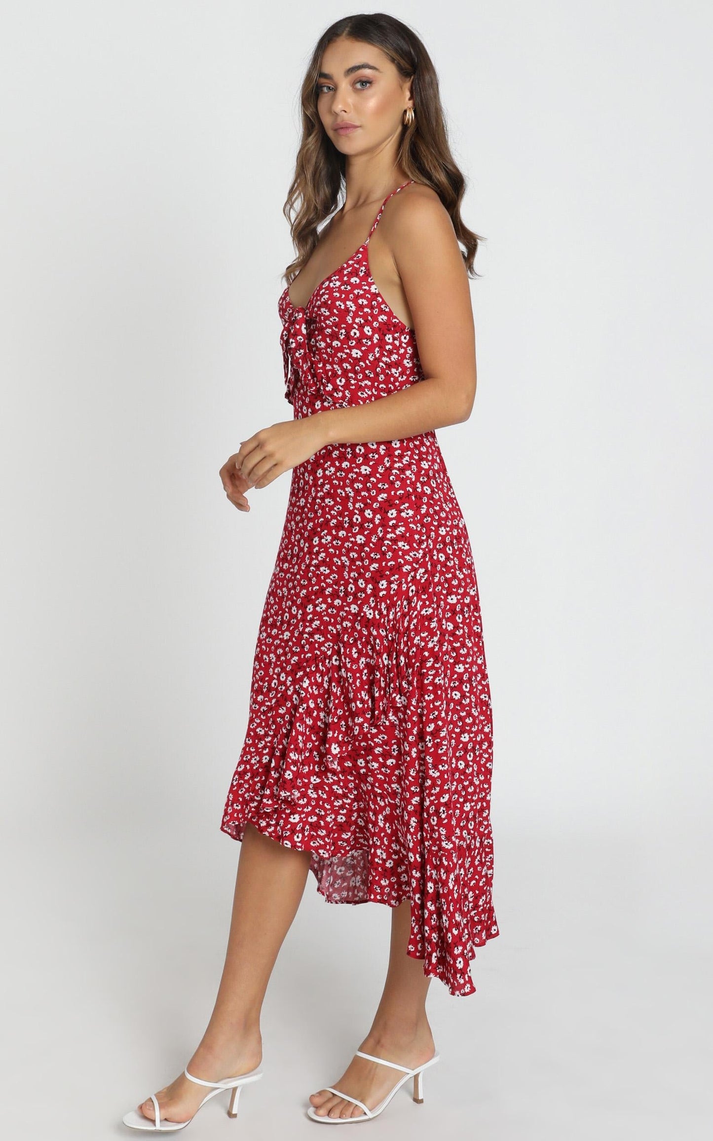Chelsea Tie Front Midi Dress in Red Floral