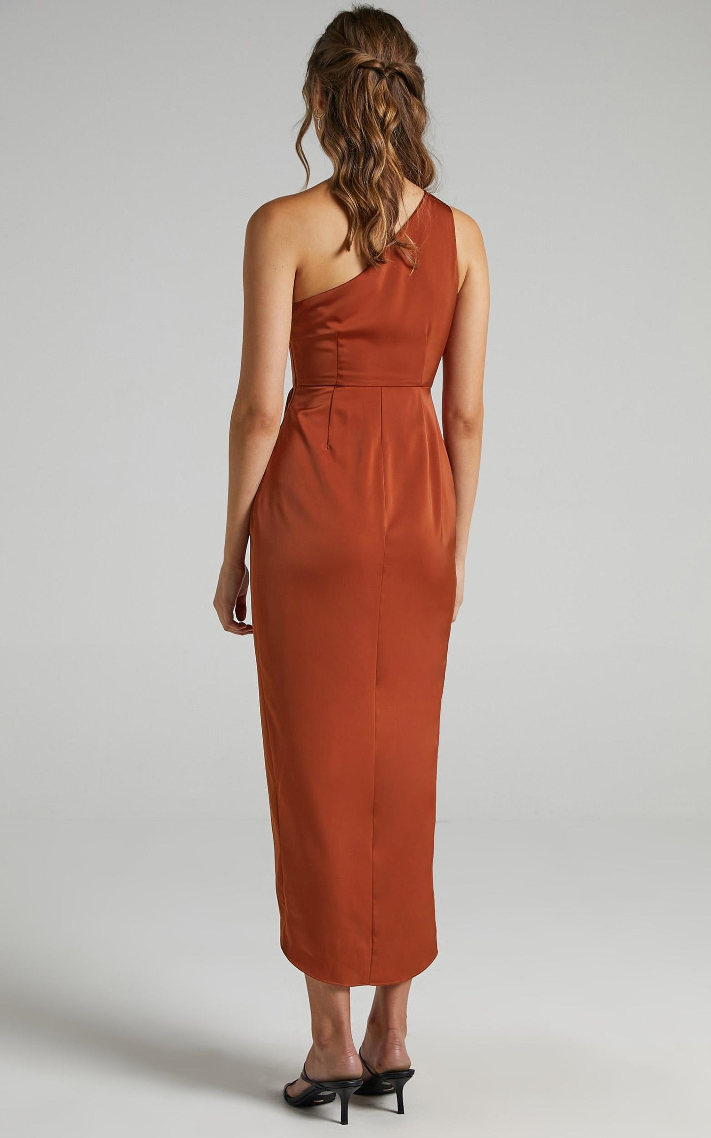 Felt So Happy Midi Dress - One Shoulder Drape Dress in Copper