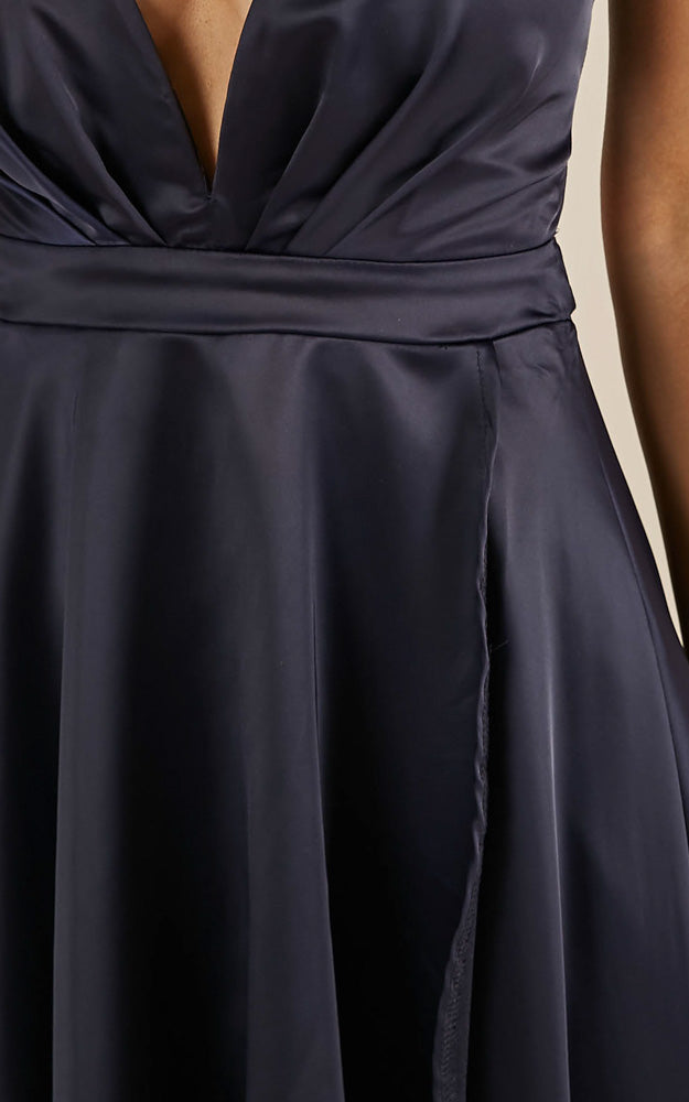 Rich Girl Maxi Dress In Navy Satin