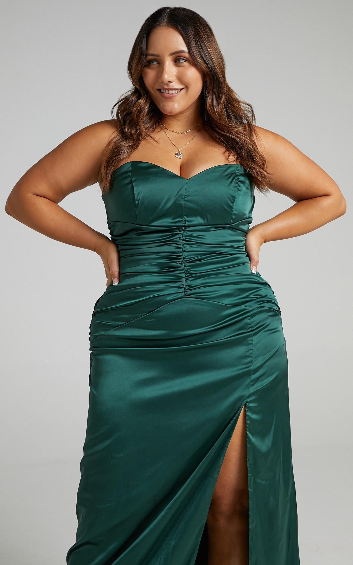 Dominque Ruched Waist Maxi Dress in Emerald Satin