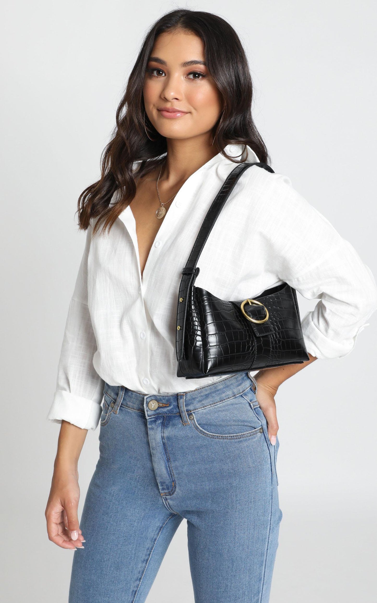 Peta And Jain - Raquel Shoulder Bag In Black Croc