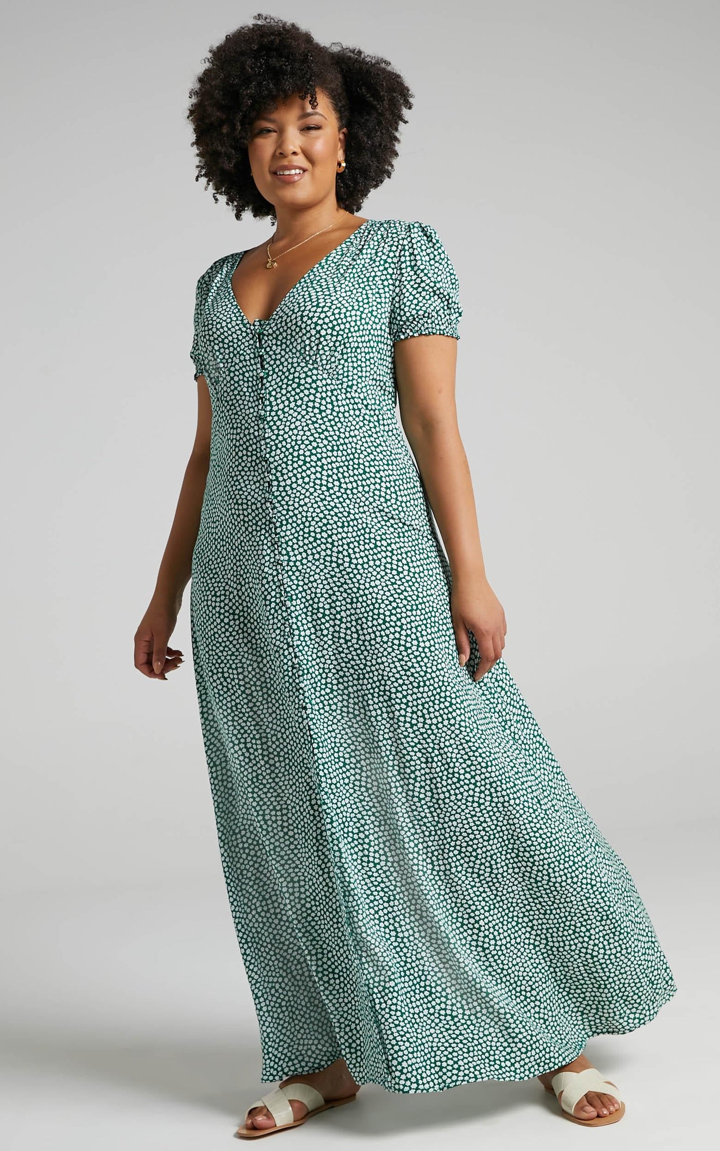 Flaming Hot Button Up V Neck Maxi Dress in Green Floral