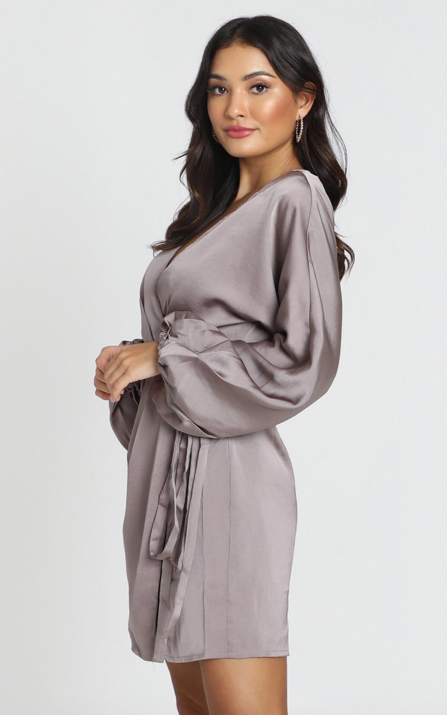Kassandra Long Sleeve Mini Dress in taupe satin