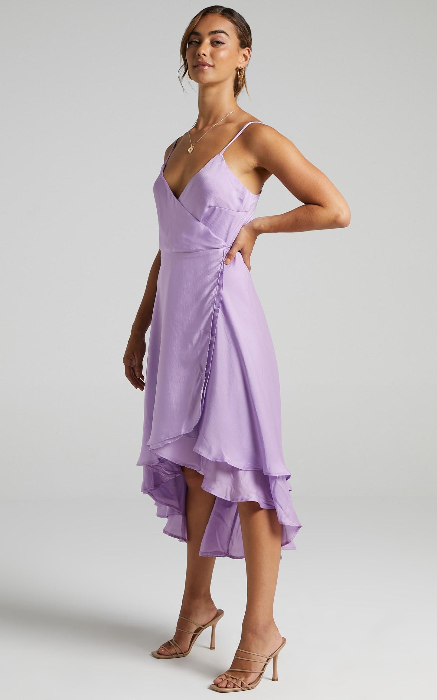 Between Fantasy Midi Dress in Lilac Satin