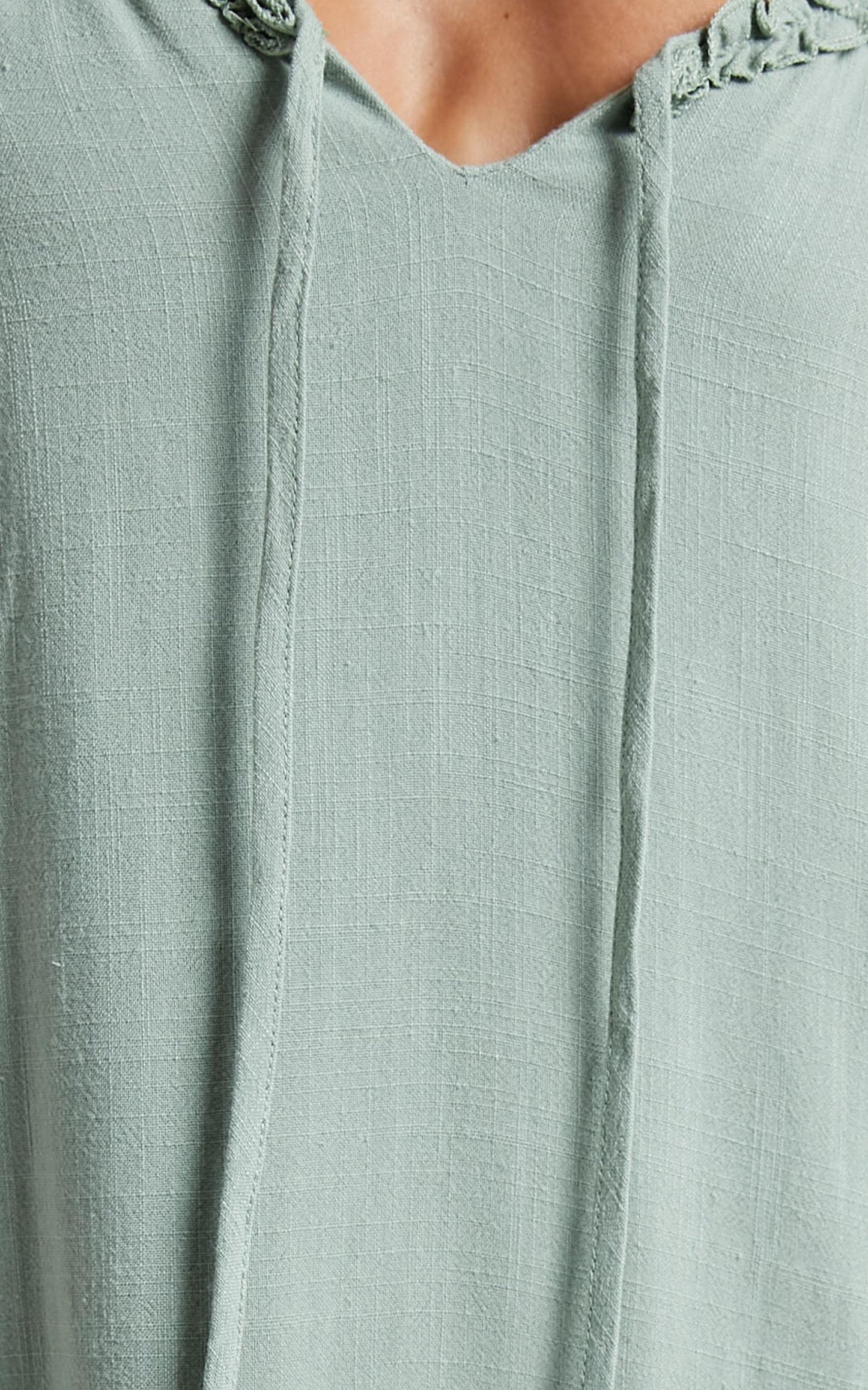 Olinda Ruffle Trim Mini Dress in Sage Linen Look
