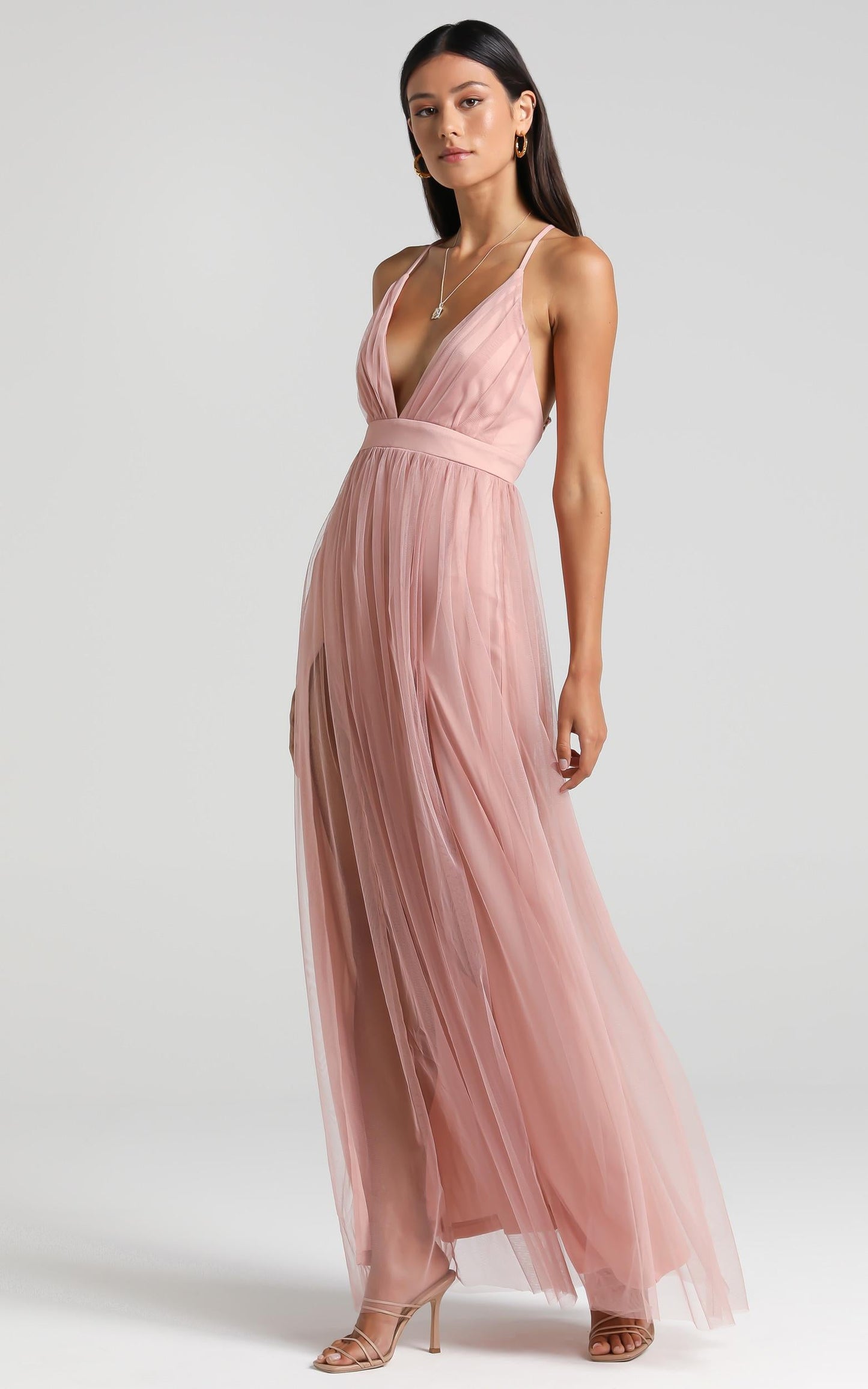 Like A Vision Plunge Maxi Dress in Blush Tulle