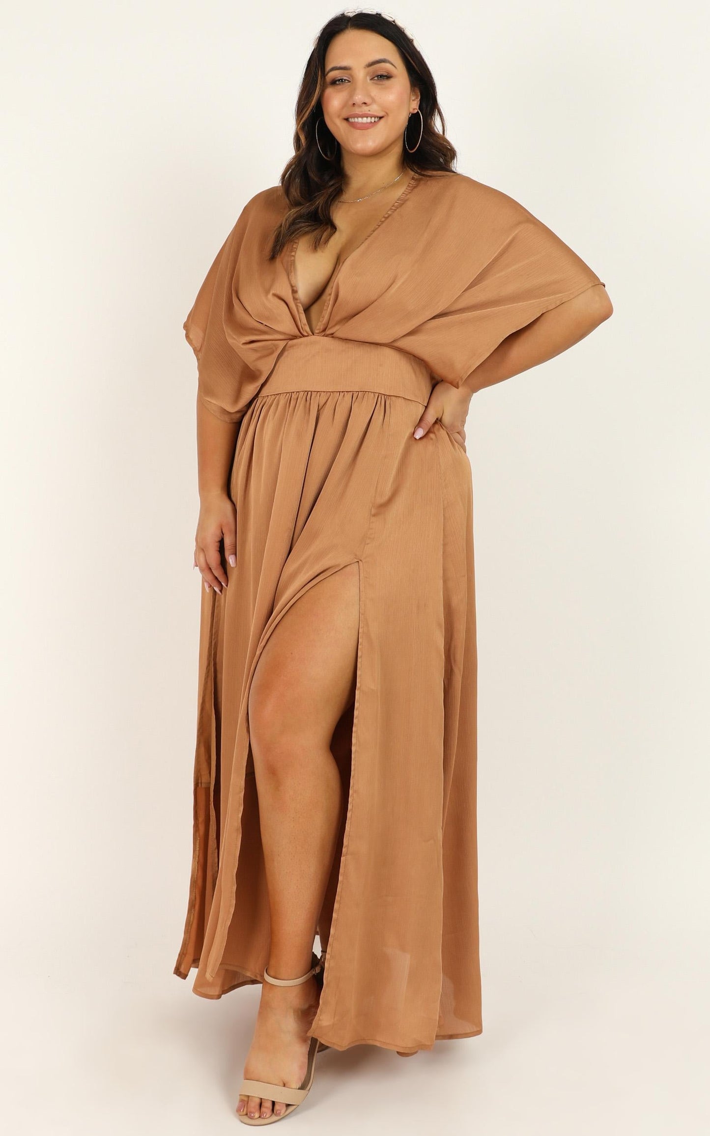Save It For Later Dress in Camel Satin