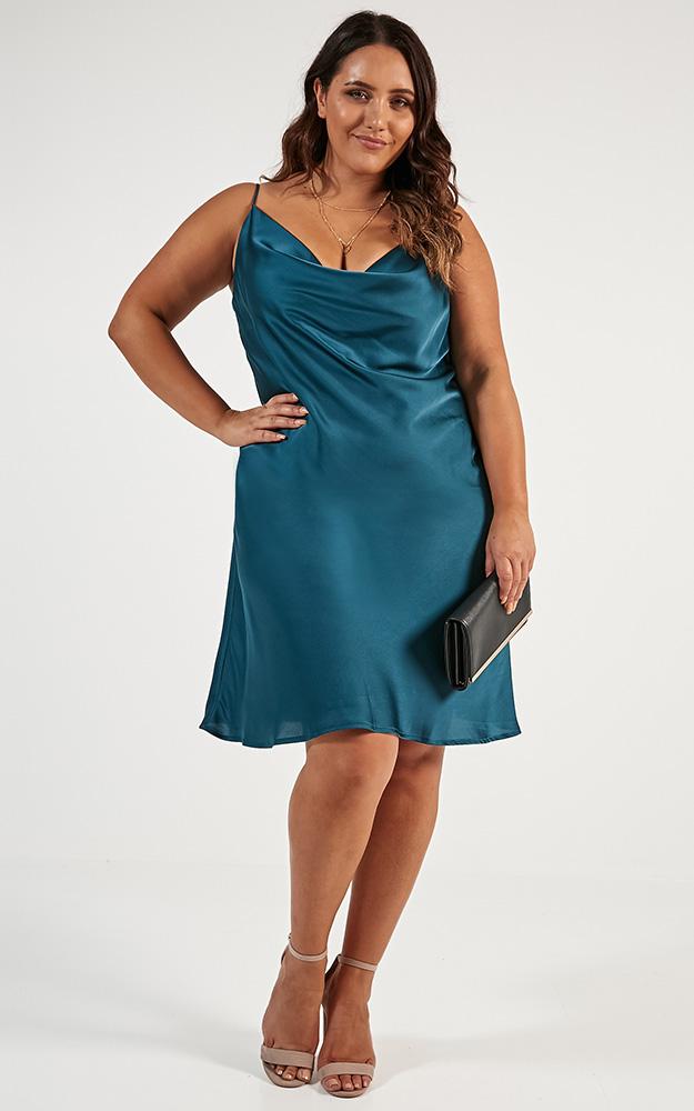 Shine Up Midi Dress In Teal Satin
