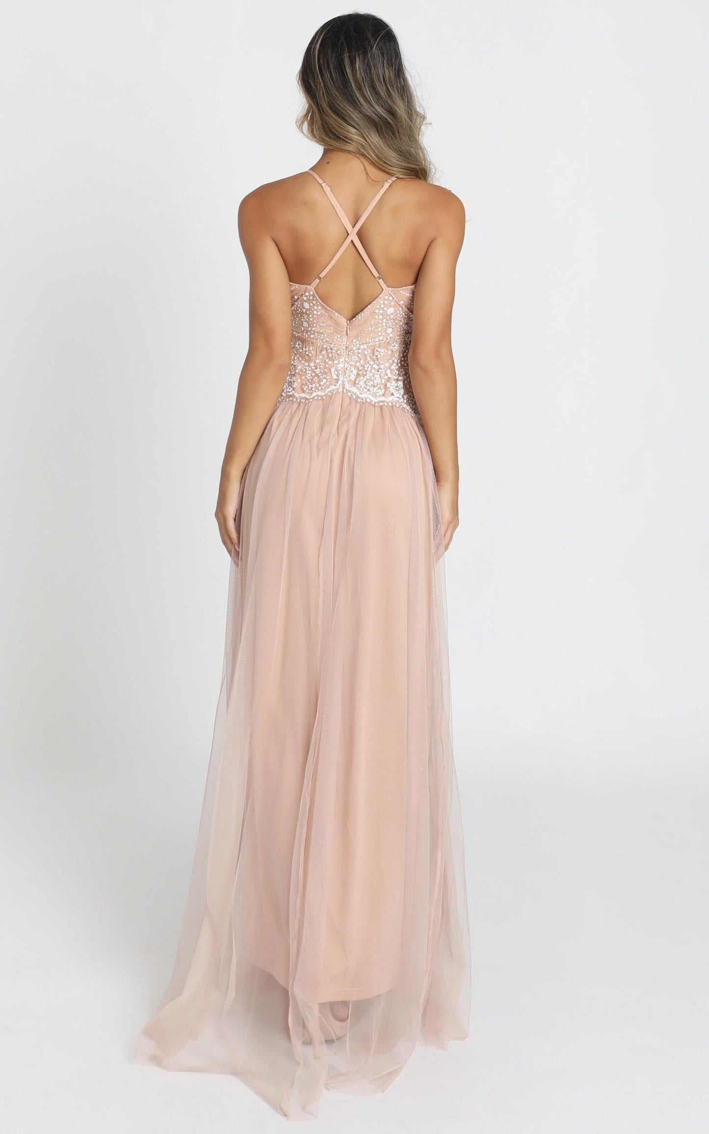 Show Me Love Mesh Maxi Dress In Rose Gold Glitter
