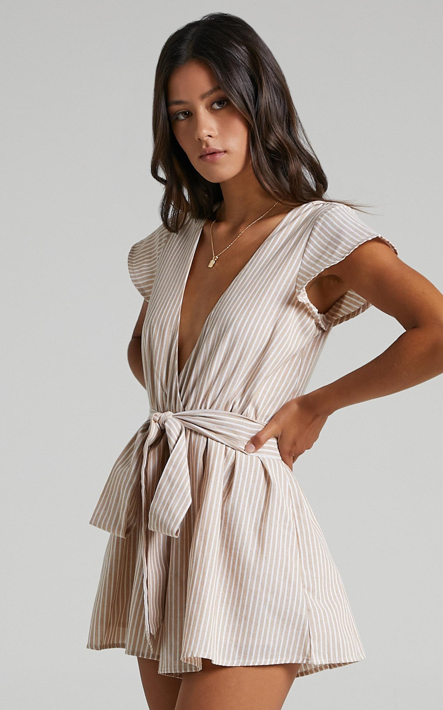 Top It Off Pluge Tie Front Playsuit in Beige Stripe
