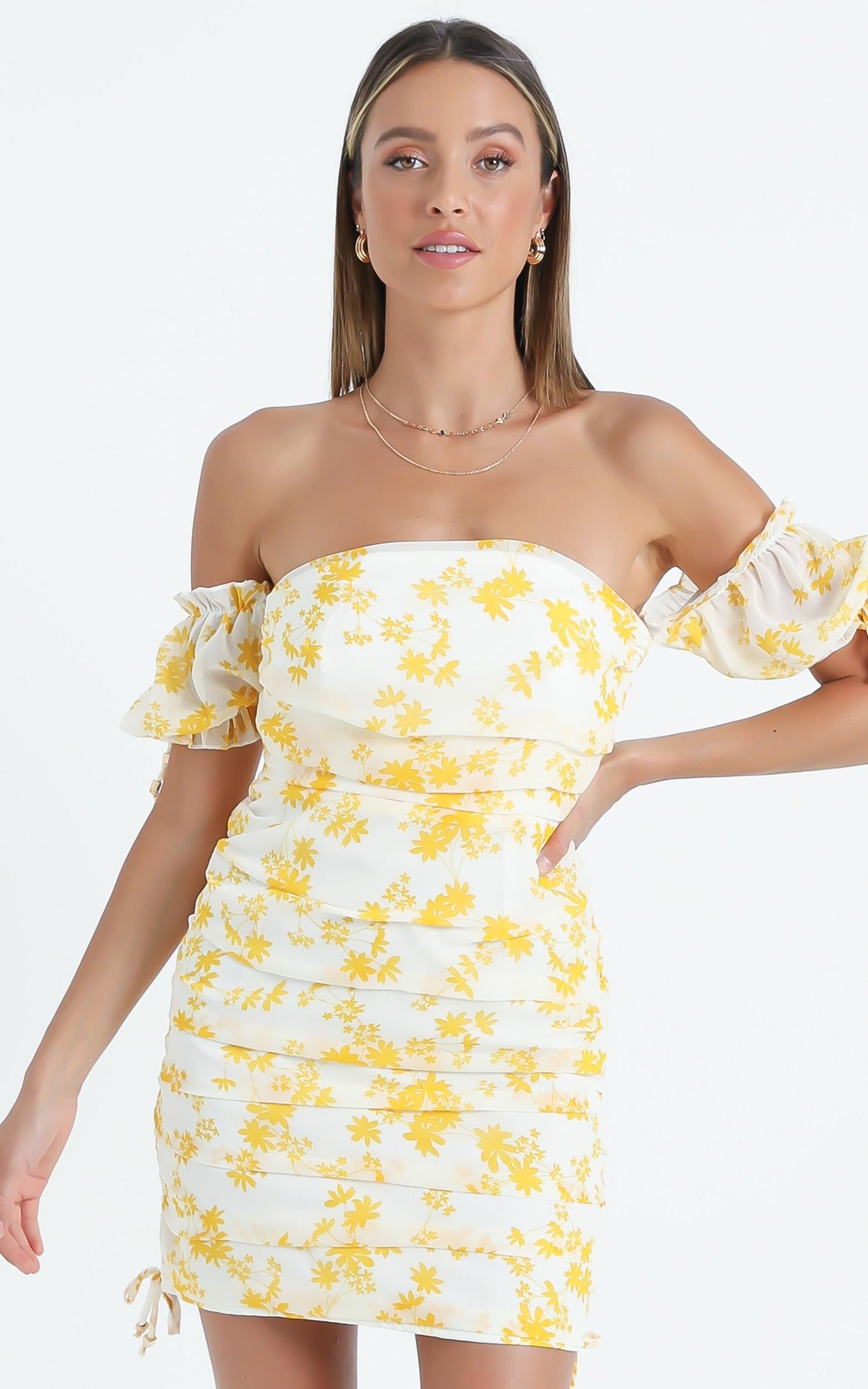 Cant Get You Off My Mind Off The Shoulder Mini Dress in Yellow