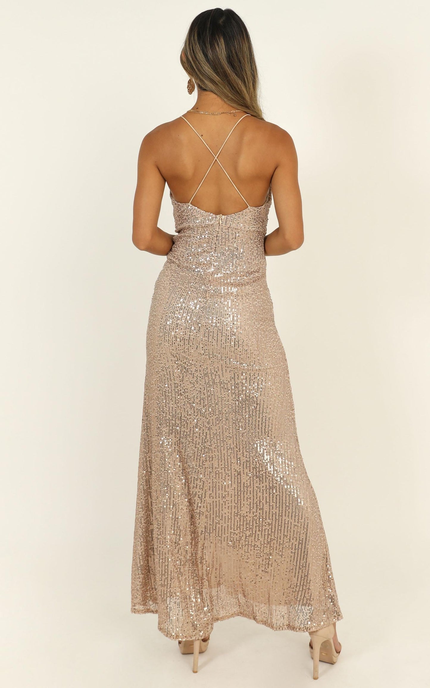 Together With You Maxi Dress In Rose Gold Sequin