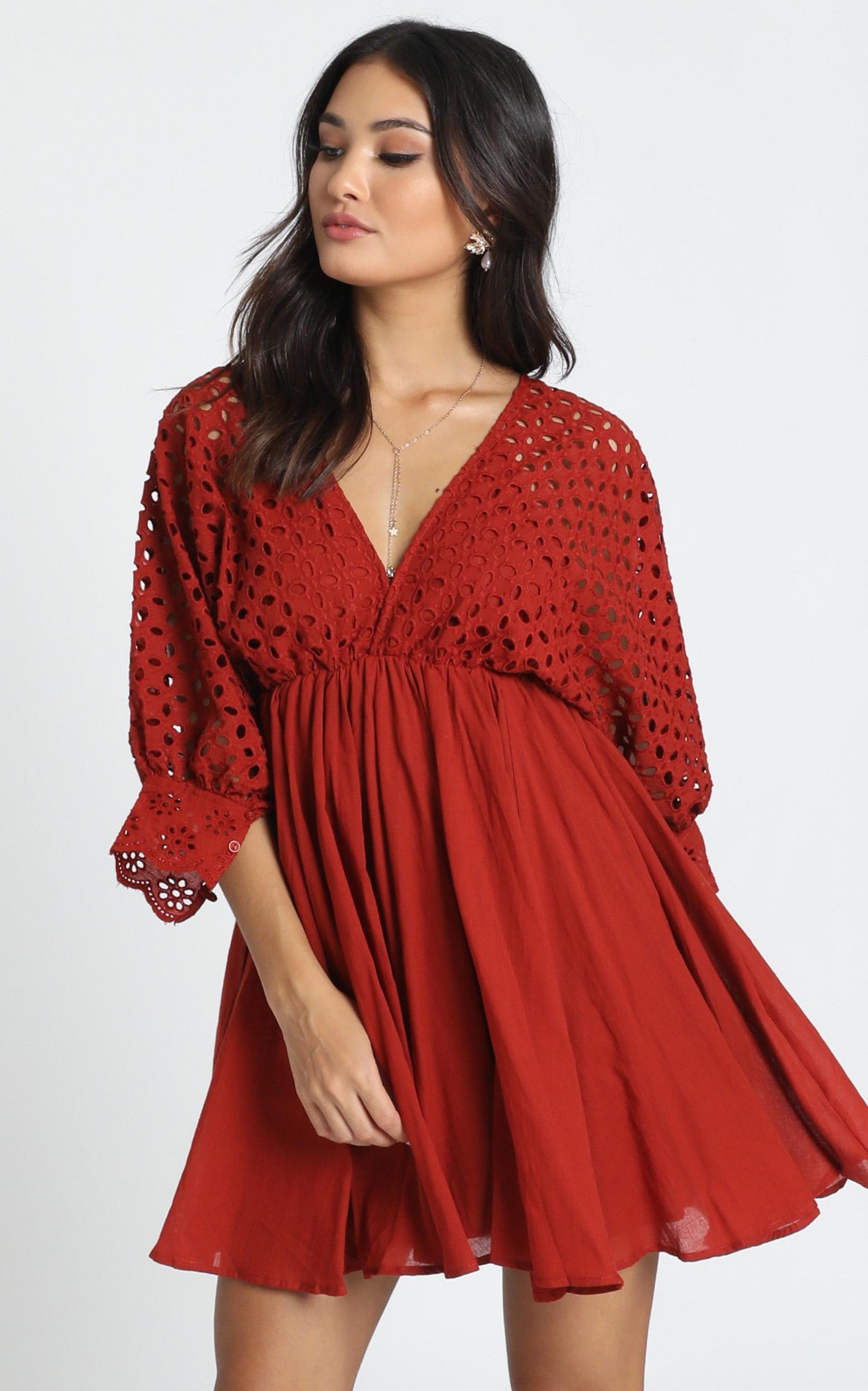 Jacinta V-Neck Embroided Mini Dress In Rust