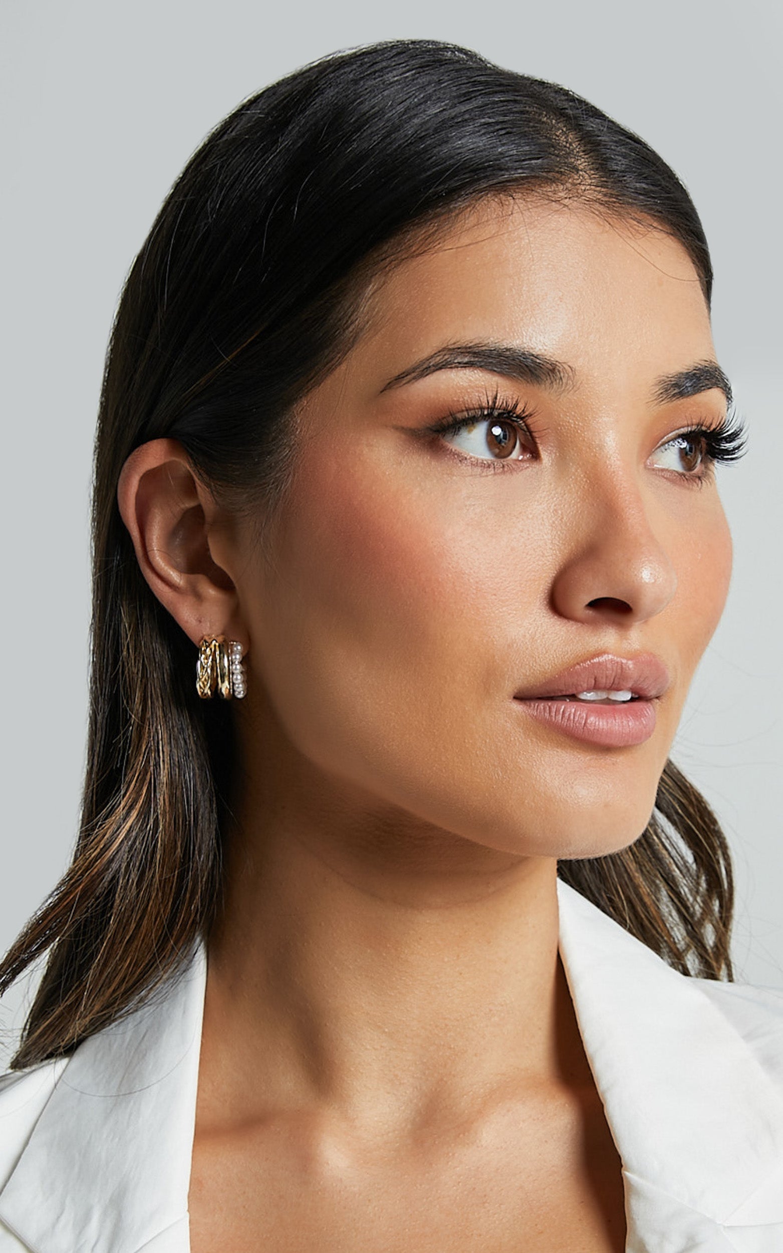 Edith Earrings - Triple Hoop Pearl Detail Earrings in Gold