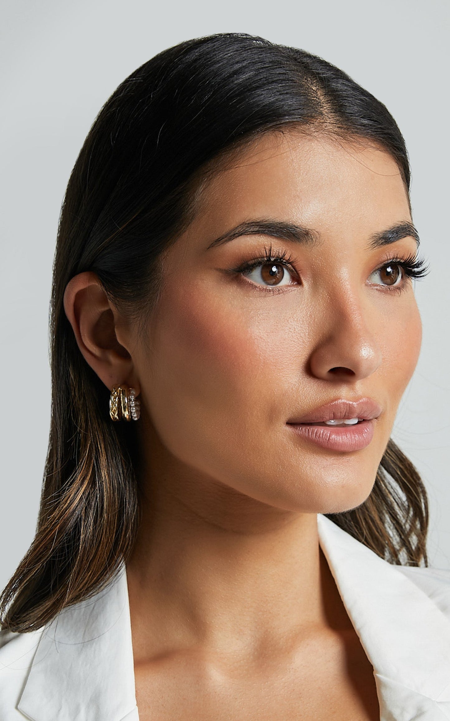 Edith Earrings - Triple Hoop Pearl Detail Earrings in Gold