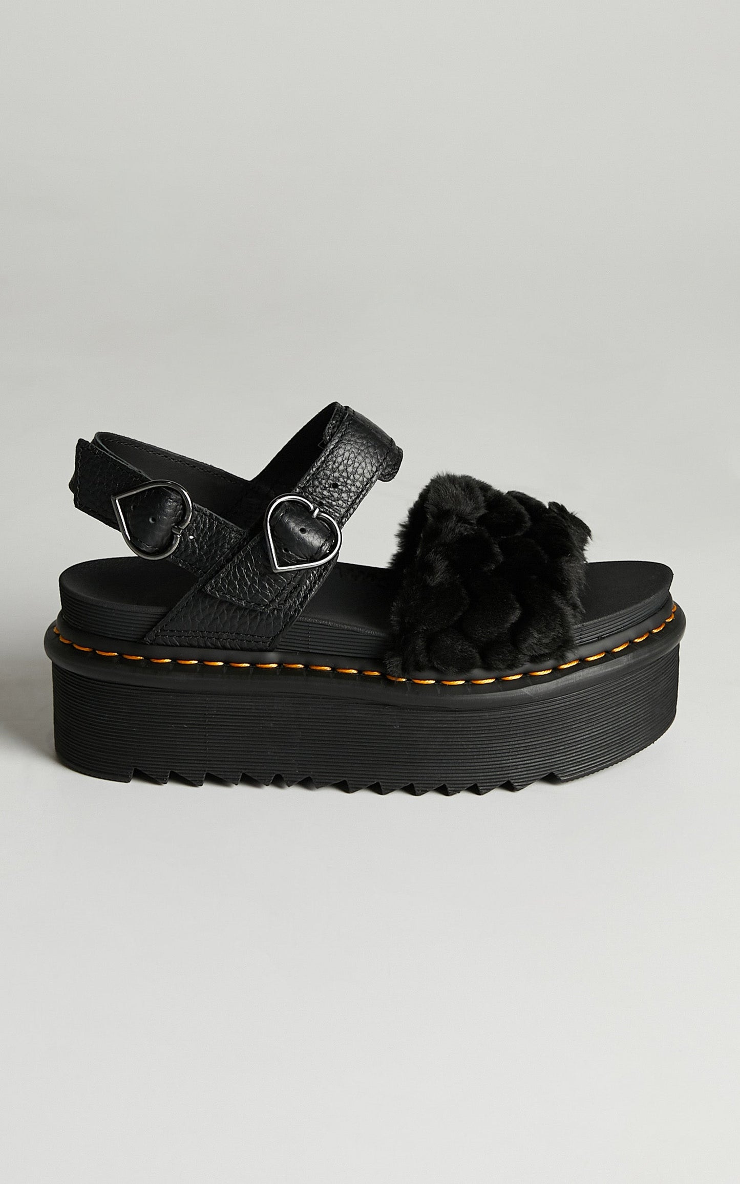 Dr. Martens - Voss Quad Fluffy Sandal in Black Faux Fur Heart + Milled Nappa