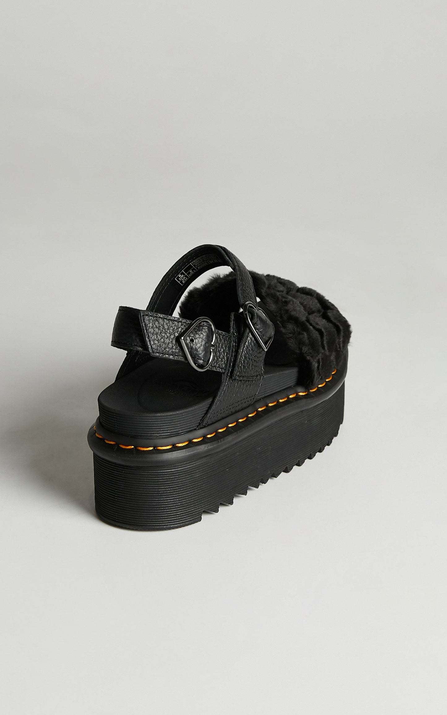 Dr. Martens - Voss Quad Fluffy Sandal in Black Faux Fur Heart + Milled Nappa