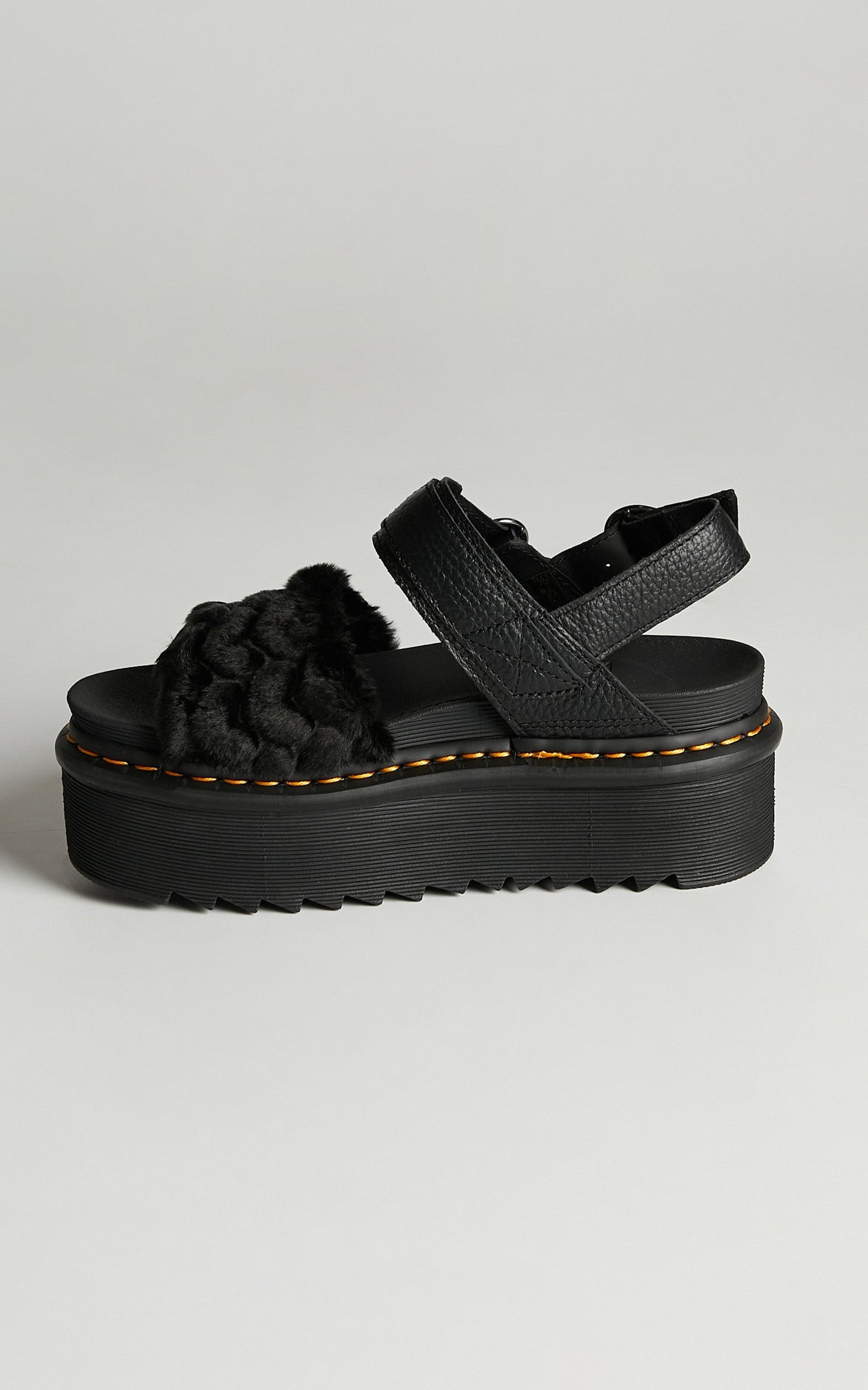 Dr. Martens - Voss Quad Fluffy Sandal in Black Faux Fur Heart + Milled Nappa